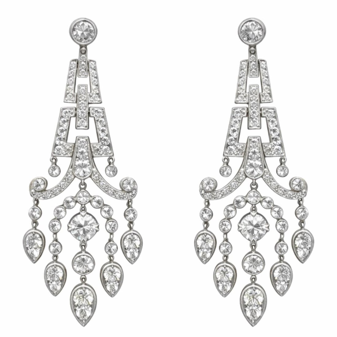 Deco-Inspired Platinum Diamond Earrings 10 Carat 2.75 Inch Length: Deco-Inspired Platinum Diamond Earrings 10 Carat 2.75 Inch Length Elegant Platinum Deco-style earrings featuring approximately 150 diamonds with a total weight of 10.00 carats. The diamonds are F-G in
