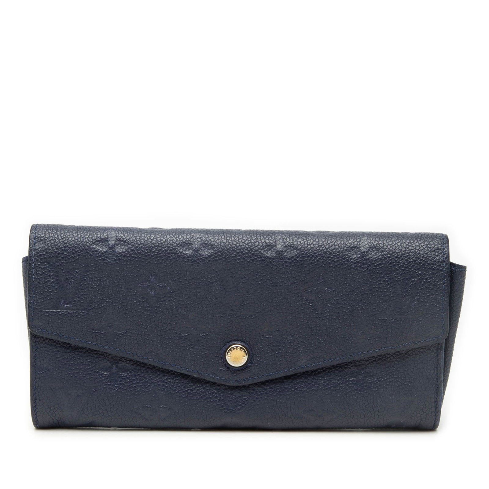 Blue Leather Curieuse Wallet by Louis Vuitton Monogram Empreinte: Blue Leather Curieuse Wallet by Louis Vuitton Monogram Empreinte This Louis Vuitton Curieuse wallet features a blue monogram empreinte leather exterior with a front flap and snap closure. The interior