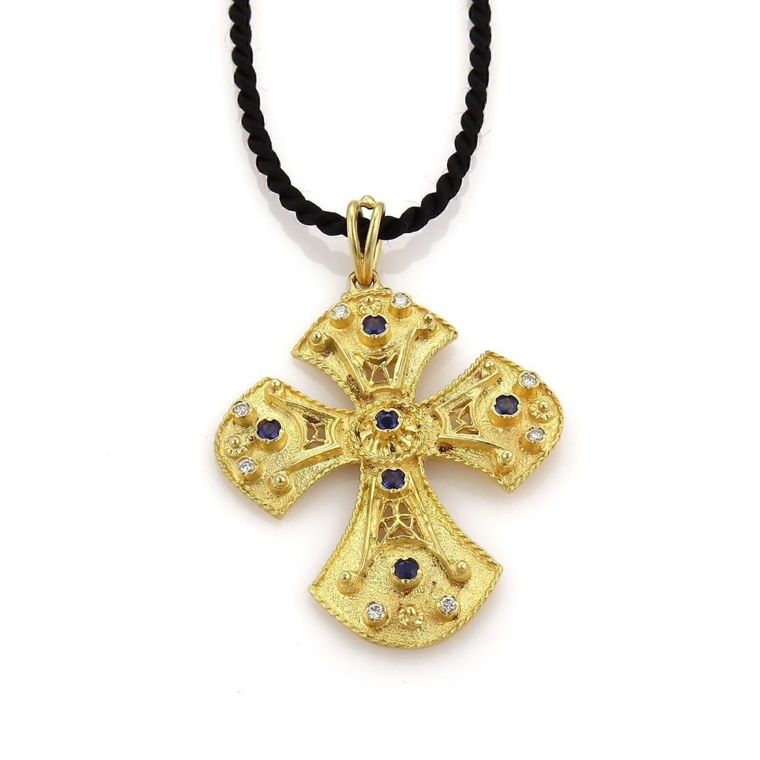 Vintage 18k Yellow Gold Byzantine Cross Necklace with Diamonds Sapphires: Vintage 18k Yellow Gold Byzantine Cross Necklace with Diamonds Sapphires This vintage necklace features a Byzantine-style cross pendant crafted from 18k yellow gold, elegantly adorned with approximate