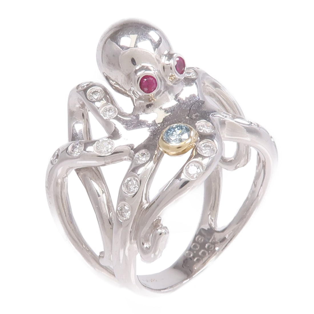 JEWELRY 18K White Gold Ruby Diamond Ring Size 7: JEWELRY 18K White Gold Ruby Diamond Ring Size 7 This elegant ring features a vibrant ruby as the main stone, set in 18K white gold. The design is complemented by yellow gold accents, creating a sophis
