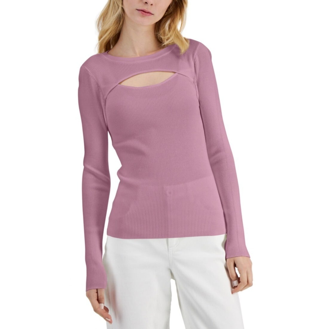 INC Ribbed Cutout Crewneck Sweater Evening Mauve Womens S (1 of 1)