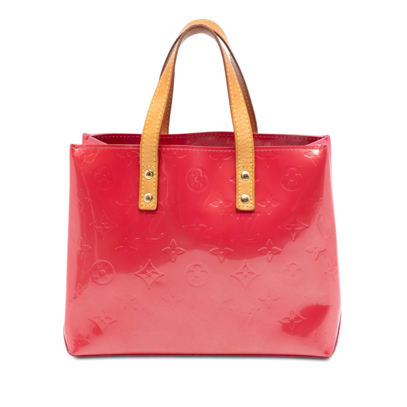 Pink Vernis Leather Reade PM Tote with Vachetta Handles by Louis Vuitton: Pink Vernis Leather Reade PM Tote with Vachetta Handles by Louis Vuitton This Louis Vuitton Monogram Vernis Reade PM features a pink monogram vernis leather body with flat vachetta leather handles, an
