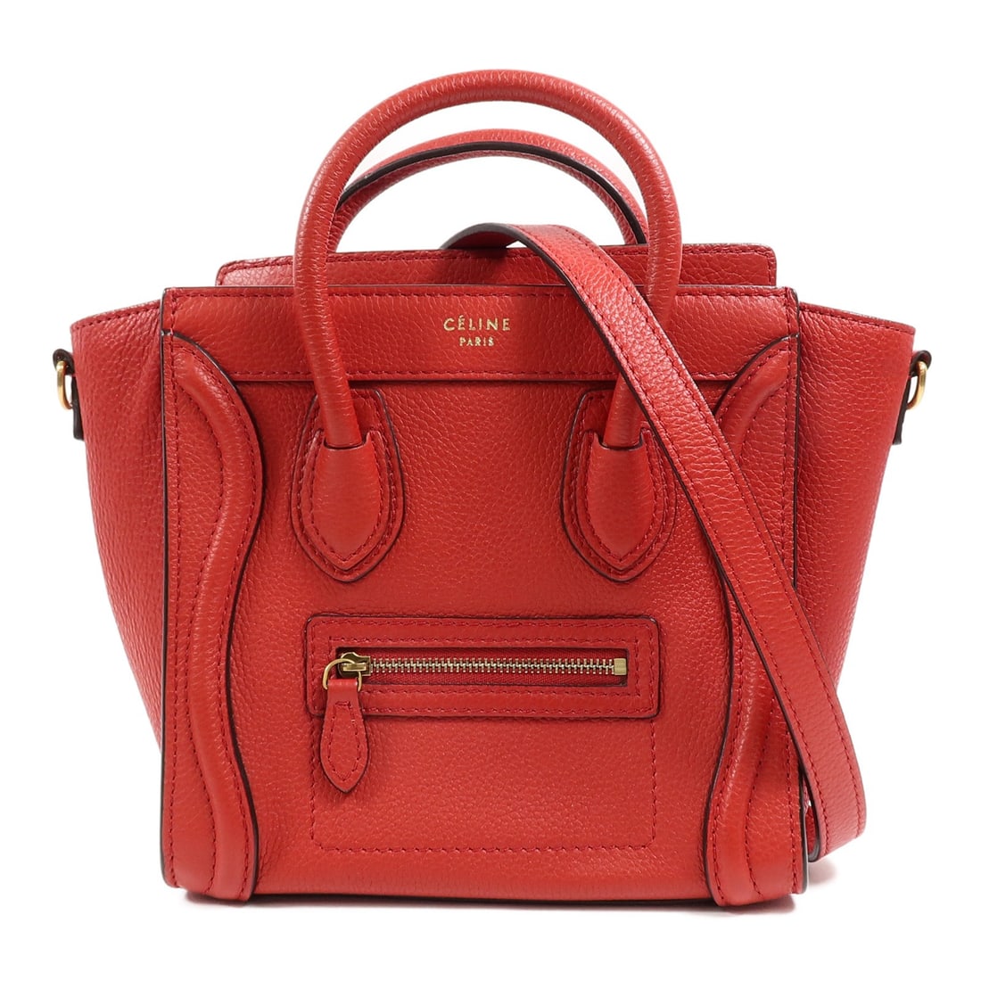CELINE Nano Luggage Red Calfskin 2 Way Shoulder Bag GHW: CELINE Nano Luggage Red Calfskin 2 Way Shoulder Bag GHW This CELINE Nano Luggage 2 Way Shoulder Bag features a striking red calfskin leather exterior and gold-tone hardware. Designed for versatility, 