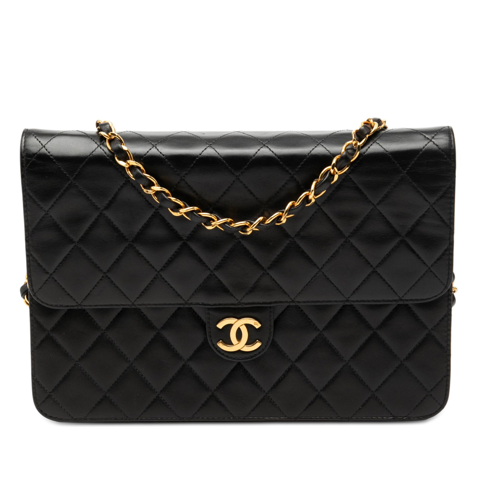 Chanel Medium Single Flap Black Quilted Lambskin Shoulder Bag: Chanel Medium Single Flap Black Quilted Lambskin Shoulder Bag This Chanel Medium CC Quilted Lambskin Single Flap shoulder bag features a quilted black lambskin leather body with a leather woven chain 