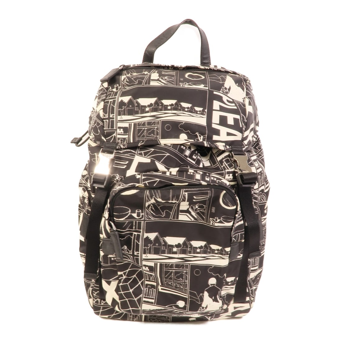 Prada Nylon Black Rucksack Backpack SHW: Prada Nylon Black Rucksack Backpack SHW This Prada rucksack backpack features a durable black nylon construction with white accents and silver hardware. Designed for men, it offers practical storage w