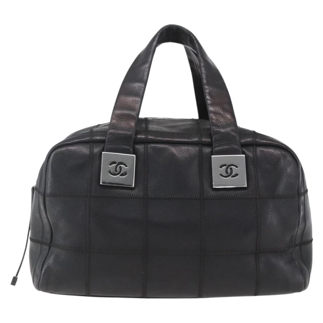 Chanel Caviar Leather Black Chocolate Bar Bowler Bag 28cm: Chanel Caviar Leather Black Chocolate Bar Bowler Bag 28cm This Chanel Chocolate Bar CC Bowler Bag for women features black caviar leather with a distinctive bowler shape. The bag shows signs of wear i