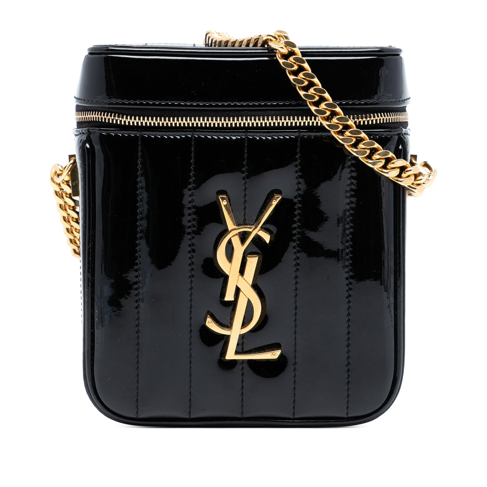 Saint Laurent Vicky Black Patent Quilted Vanity Bag with Gold Chain Strap: Saint Laurent Vicky Black Patent Quilted Vanity Bag with Gold Chain Strap Introducing the Saint Laurent Patent Vicky Vanity Bag, a stylish accessory crafted from quilted patent leather in a classic bl