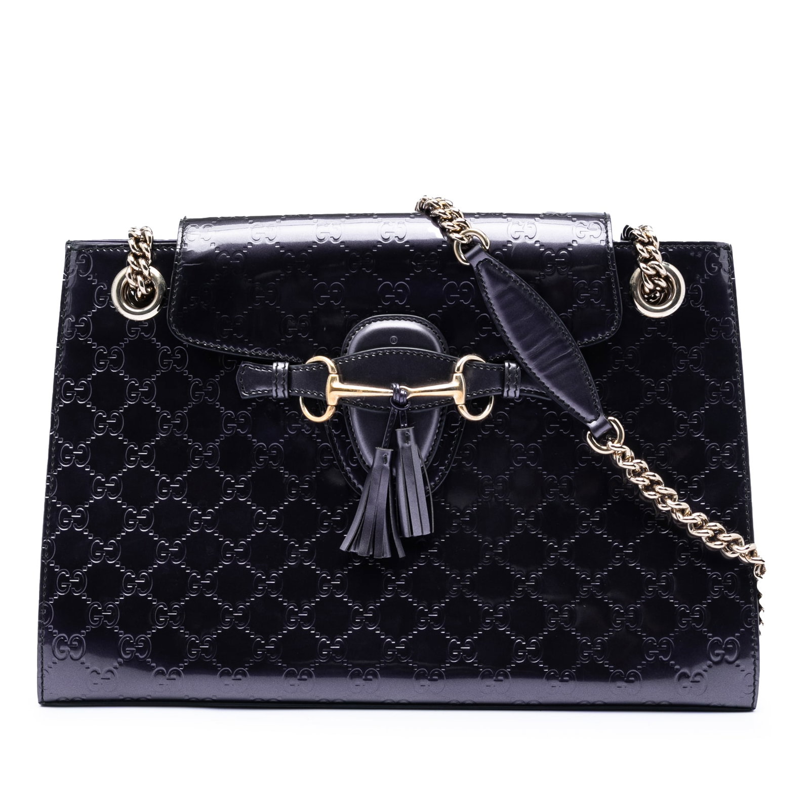 Gucci Emily Shoulder Bag Purple Patent Leather Large Silver Chain Strap: Gucci Emily Shoulder Bag Purple Patent Leather Large Silver Chain Strap This Gucci Emily shoulder bag features a patent leather exterior in a purple hue with silver-tone chain link straps and flat lea