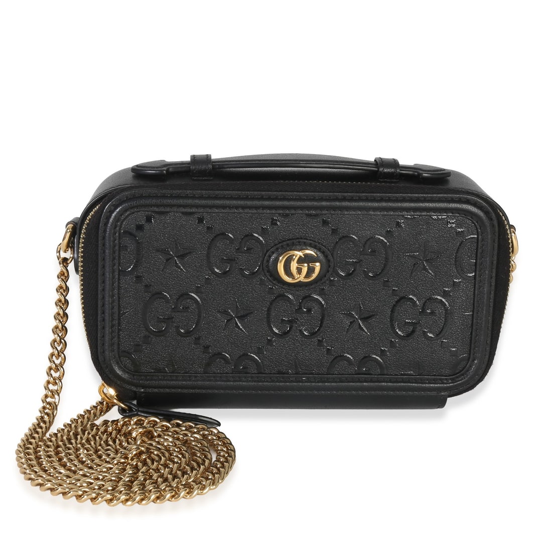 Mini GG Chain Shoulder Bag in Black Star Embossed Leather by Gucci: Mini GG Chain Shoulder Bag in Black Star Embossed Leather by Gucci This Gucci Mini GG Chain Bag features black GG star-embossed calfskin leather with gold-tone hardware. The bag has a zip-around closu