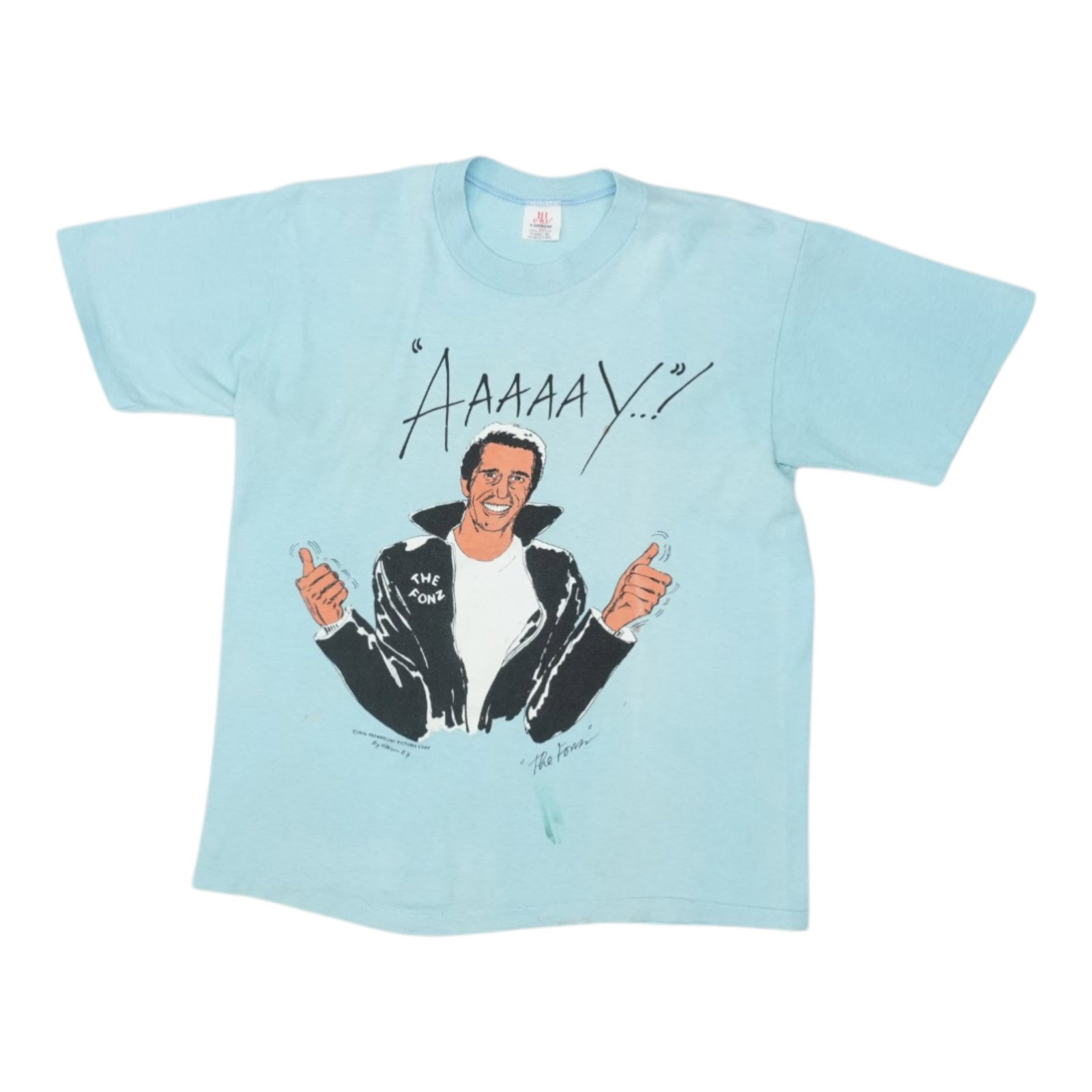 Vintage 1976 Blue Cotton Happy Days Fonzie Tee XL: Vintage 1976 Blue Cotton Happy Days Fonzie Tee XL This is an original vintage 1976 Happy Days Fonzie shirt made from 100% cotton in blue color. It is a true vintage item from the 1970s, not a modern r