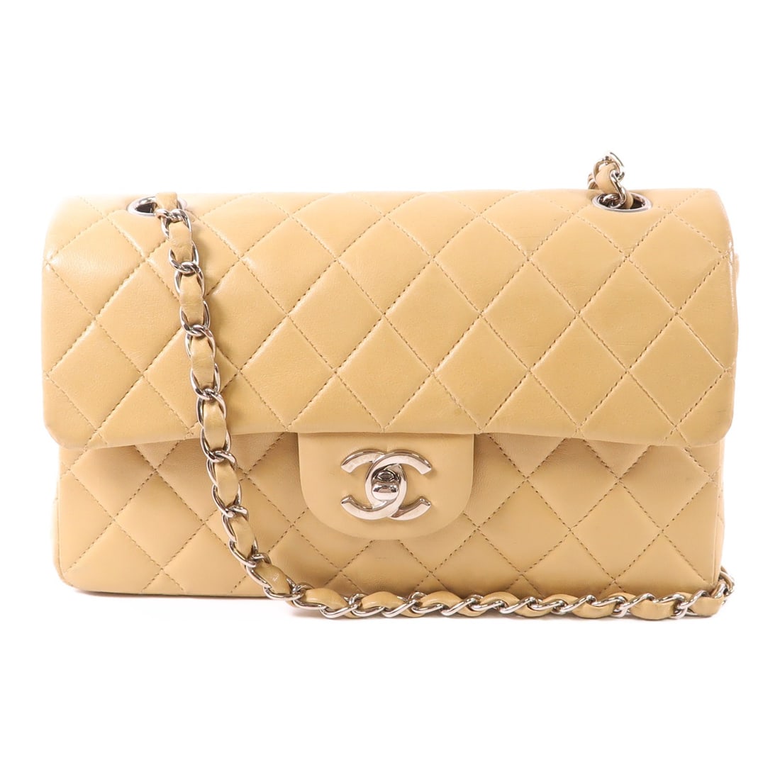 CHANEL Vintage Classic 23 Yellow Lambskin Shoulder Bag: CHANEL Vintage Classic 23 Yellow Lambskin Shoulder Bag This CHANEL vintage Classic 23 chain shoulder bag is crafted from yellow lambskin leather, offering a timeless and elegant look. Featuring silver