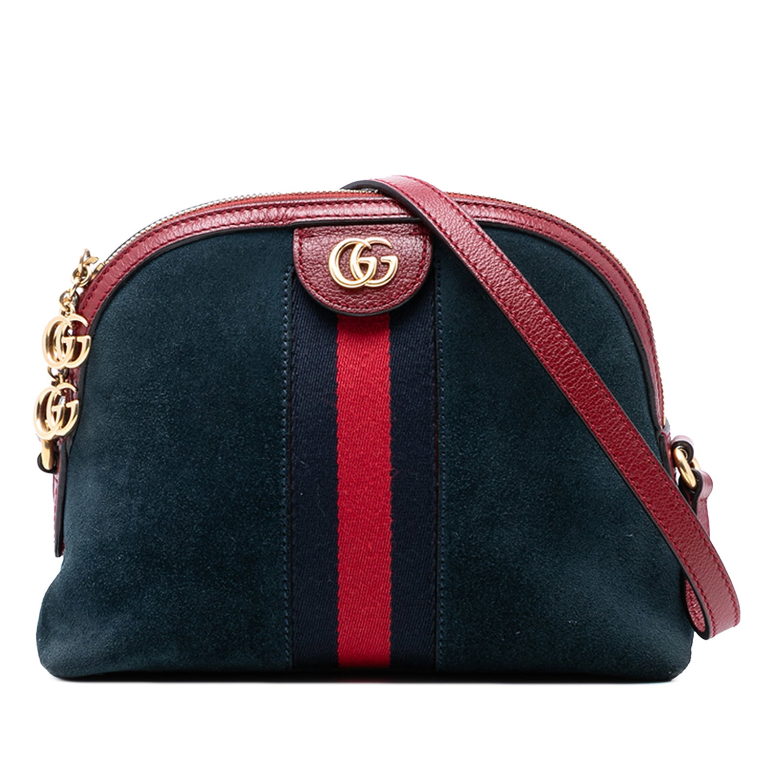 Gucci Ophidia Small Blue Suede Leather Dome Crossbody Bag: Gucci Ophidia Small Blue Suede Leather Dome Crossbody Bag This Gucci Small Suede Web Ophidia Dome Crossbody bag features a blue suede leather body with an adjustable flat leather strap, a top zip clos