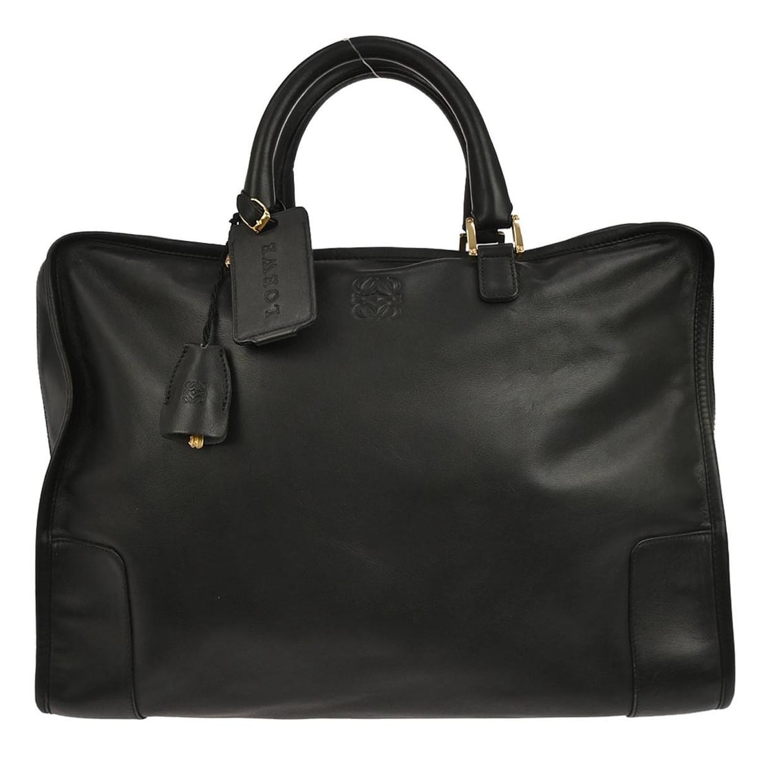 Large Amazona 40 Top Handle Bag in Black Leather by Loewe: Large Amazona 40 Top Handle Bag in Black Leather by Loewe This Loewe Amazona 40 handbag is crafted from black leather and features a zip closure. Designed with double leather handles, it offers a spac