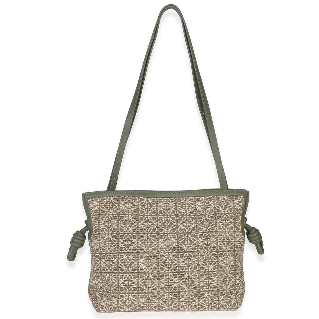 Loewe Mini Flamenco Knot Green Jacquard and Calfskin Shoulder Bag with Dustbag: Loewe Mini Flamenco Knot Green Jacquard and Calfskin Shoulder Bag with Dustbag This Loewe Vintage Mini Flamenco Knot Clutch features a khaki jacquard anagram pattern with calfskin accents and gold-ton