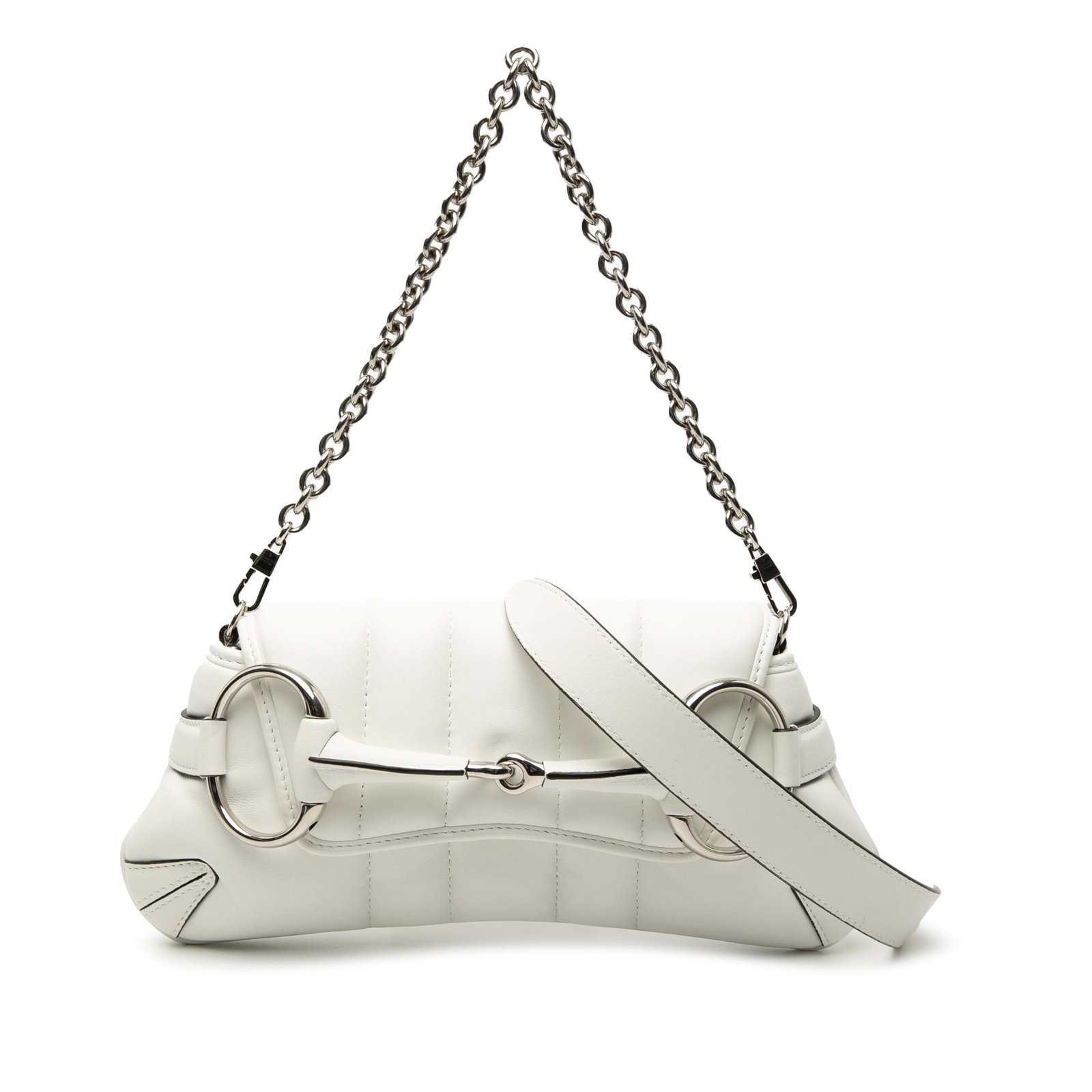 Gucci Horsebit Small Quilted Leather Satchel with Chain Strap: Gucci Horsebit Small Quilted Leather Satchel with Chain Strap This white Gucci Small Quilted Leather Horsebit Chain Satchel is crafted from quilted leather and features a detachable chain-link strap, 