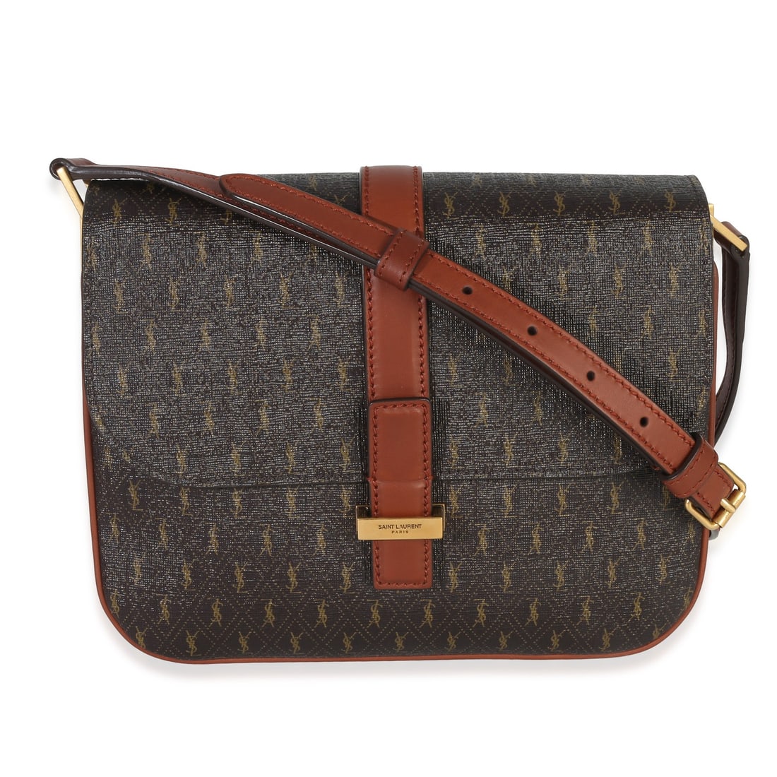 Saint Laurent Le Monogramme Small Brown Canvas Shoulder Bag with Box: Saint Laurent Le Monogramme Small Brown Canvas Shoulder Bag with Box This Saint Laurent Le Monogramme Small Sac Besace shoulder bag features a brown canvas exterior with gold-tone hardware and a loop 