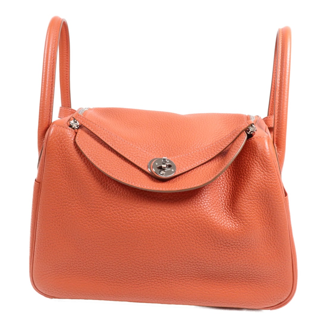 HERMES Lindy 30 2 Way Shoulder Bag Orange Clemence Leather: HERMES Lindy 30 2 Way Shoulder Bag Orange Clemence Leather This HERMES Lindy 30 2-Way Shoulder Bag is crafted from high-quality Clemence leather, presenting a vibrant orange exterior. The bag features