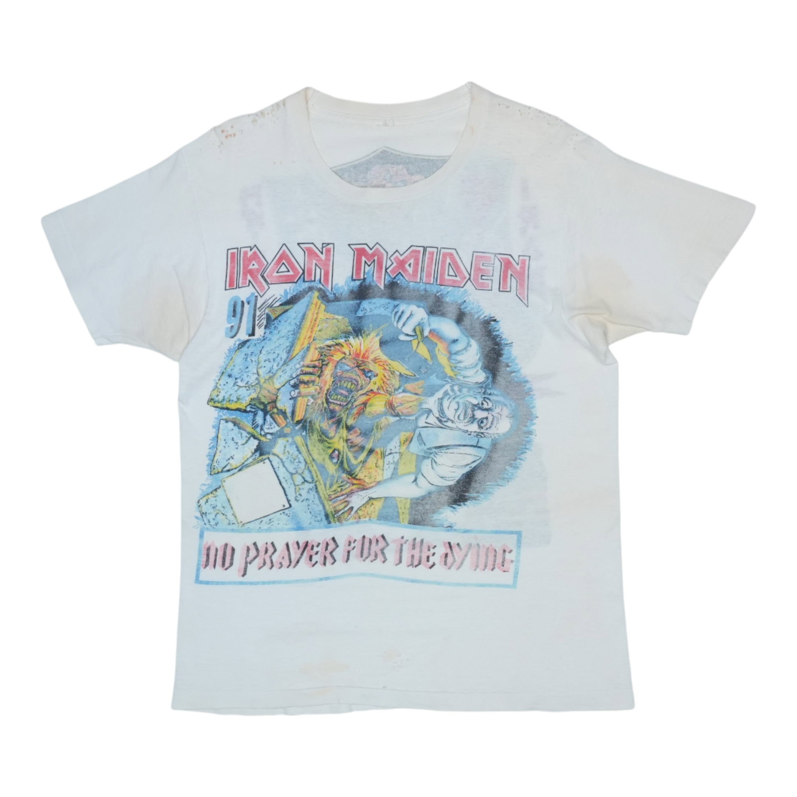 Vintage 1990 Iron Maiden Tour T-Shirt No Prayer For The Dying White Cotton: Vintage 1990 Iron Maiden Tour T-Shirt No Prayer For The Dying White Cotton This is an original vintage 1990 Iron Maiden No Prayer For The Dying Tour shirt, featuring both front and back graphics. The 