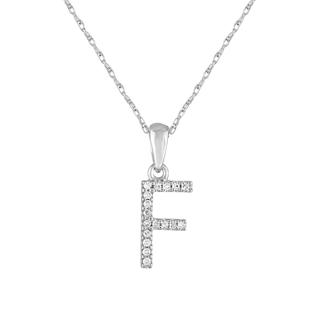 Diamond F Initial Pendant Necklace in 14k White Gold for Women: Diamond F Initial Pendant Necklace in 14k White Gold for Women This 14k white gold necklace features a round pendant adorned with white diamonds, showcasing the initial 'F.' The necklace contains a to