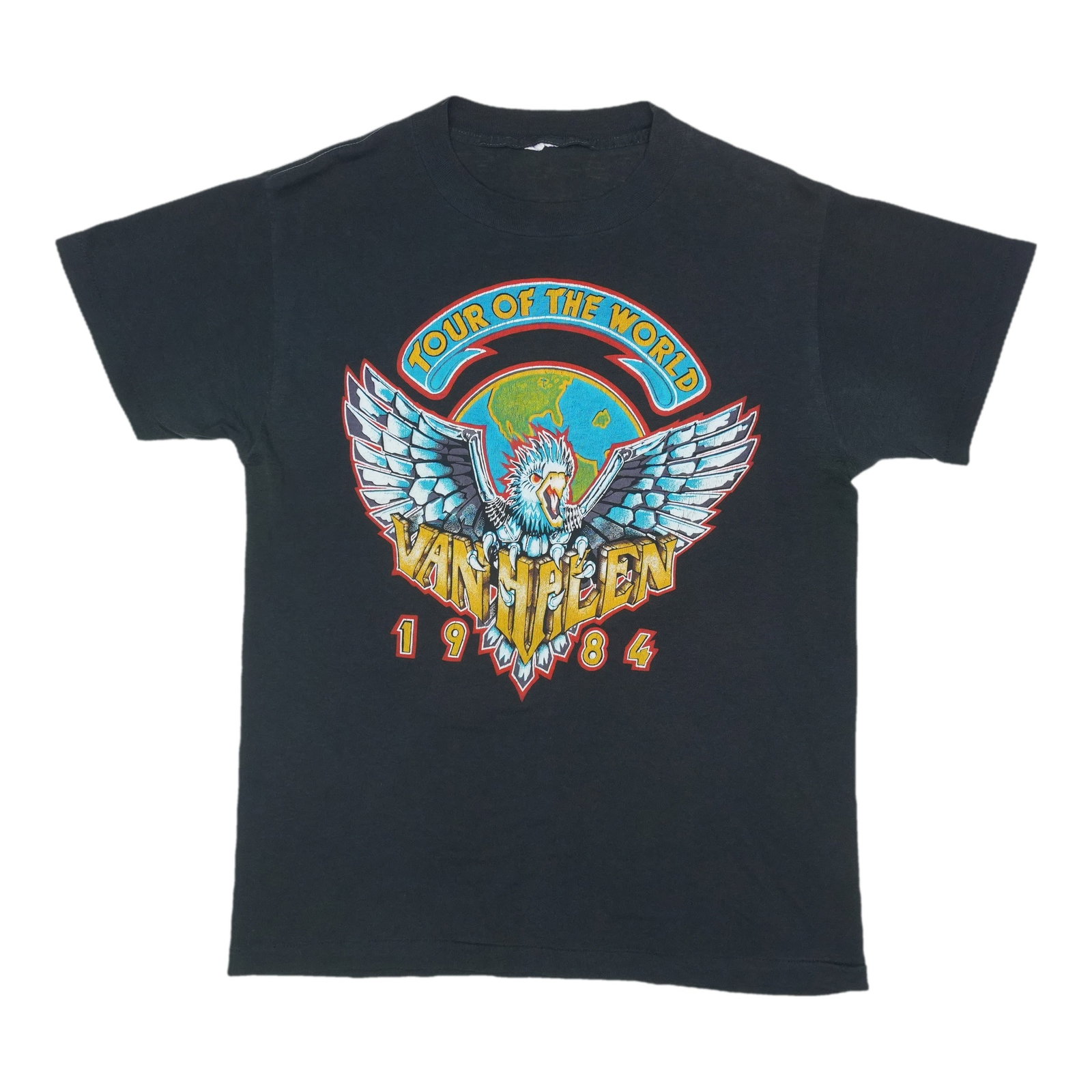 Vintage 1984 Van Halen Concert Black Cotton T Shirt With Double Sided Graphics: Vintage 1984 Van Halen Concert Black Cotton T Shirt With Double Sided Graphics This is an original vintage 1984 Van Halen Tour Of The World shirt featuring both front and back graphics. Made from 100%