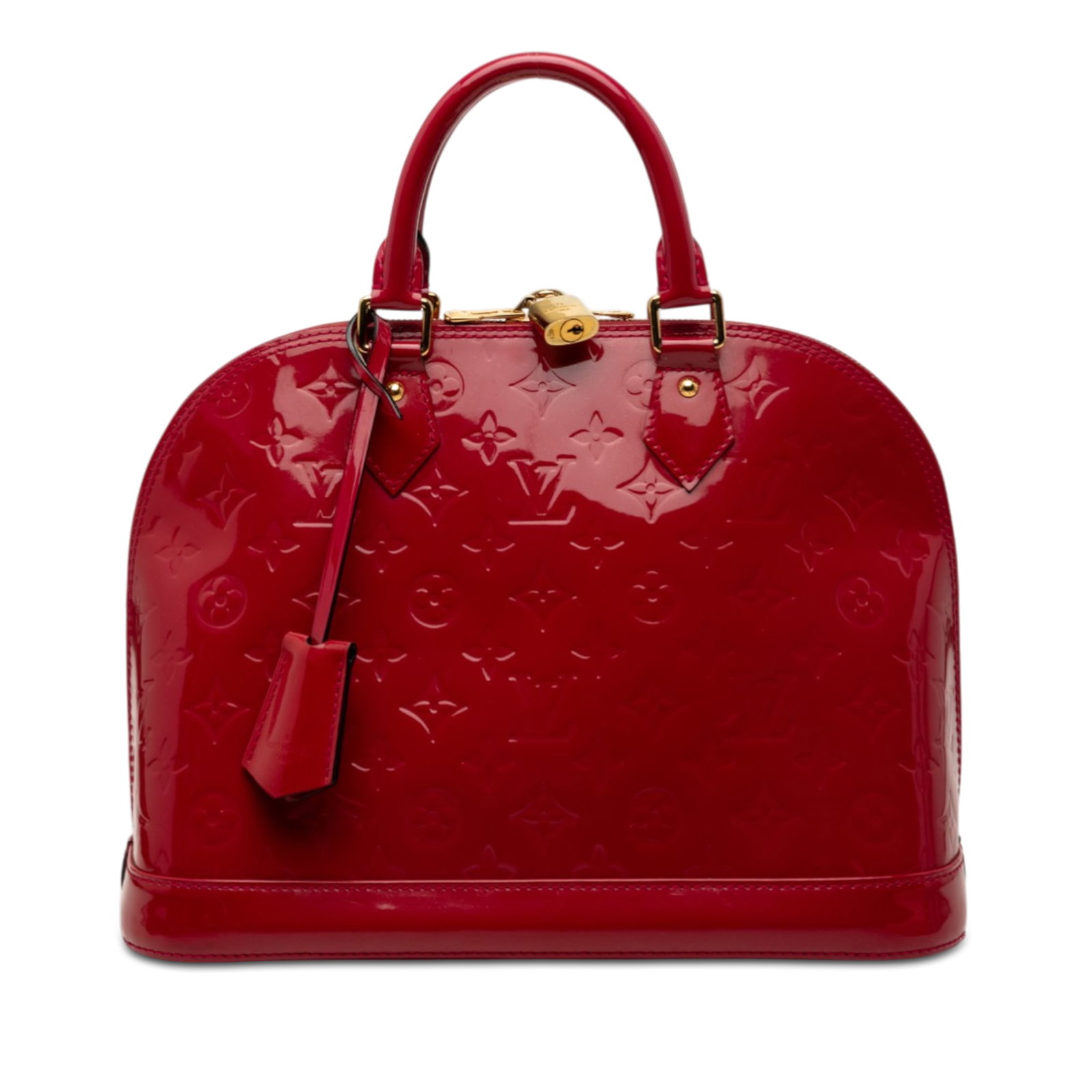 Louis Vuitton Alma PM Red Vernis Leather Handbag with Monogram Pattern: Louis Vuitton Alma PM Red Vernis Leather Handbag with Monogram Pattern This Louis Vuitton Monogram Vernis Alma PM handbag features a monogram vernis leather body in red, rolled leather handles, a top 