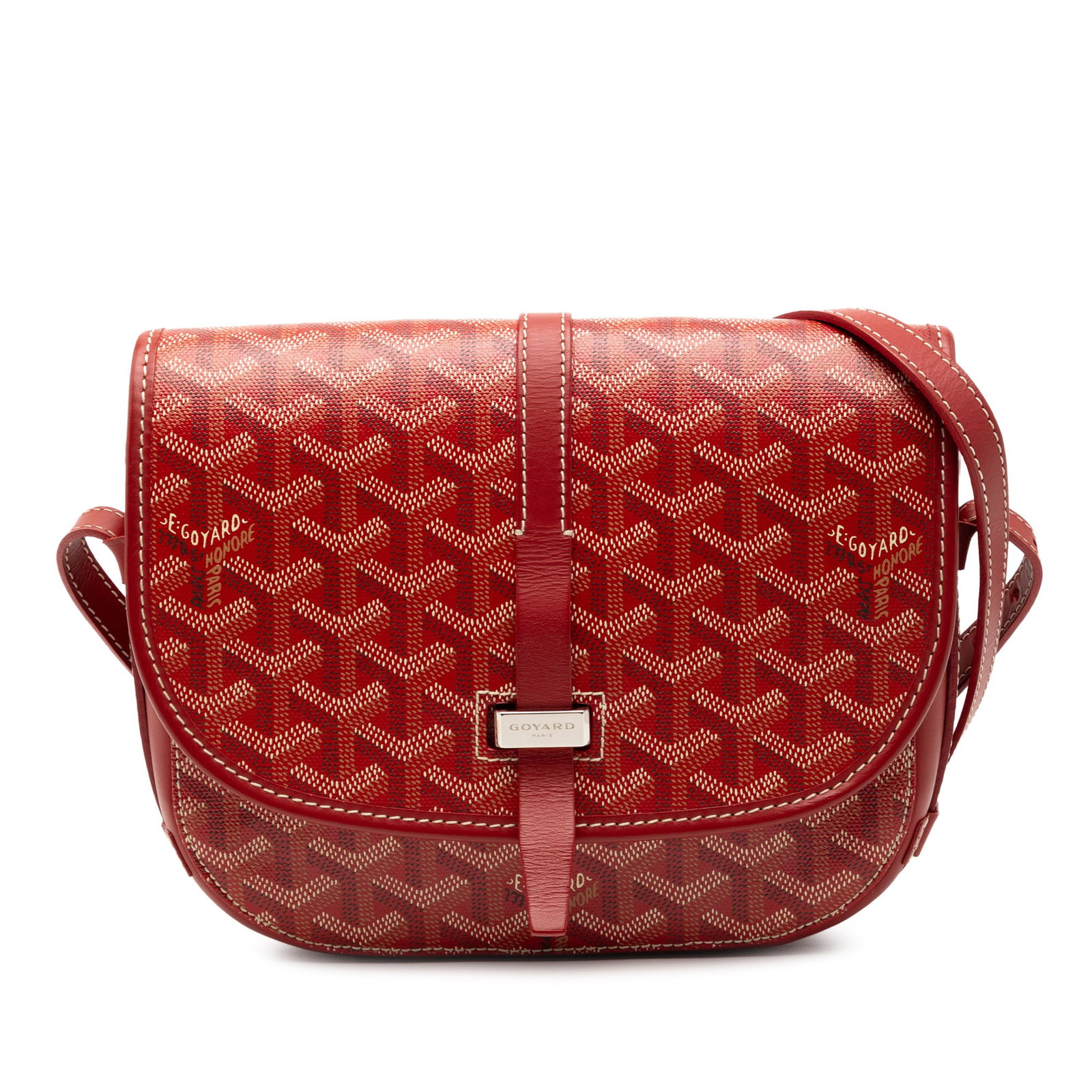 Goyard Belvedere II PM Red Coated Canvas Crossbody Bag with Leather Trim: Goyard Belvedere II PM Red Coated Canvas Crossbody Bag with Leather Trim This Goyardine Belvedere II PM bag features a coated canvas body with leather trim and an adjustable flat leather strap. It is 