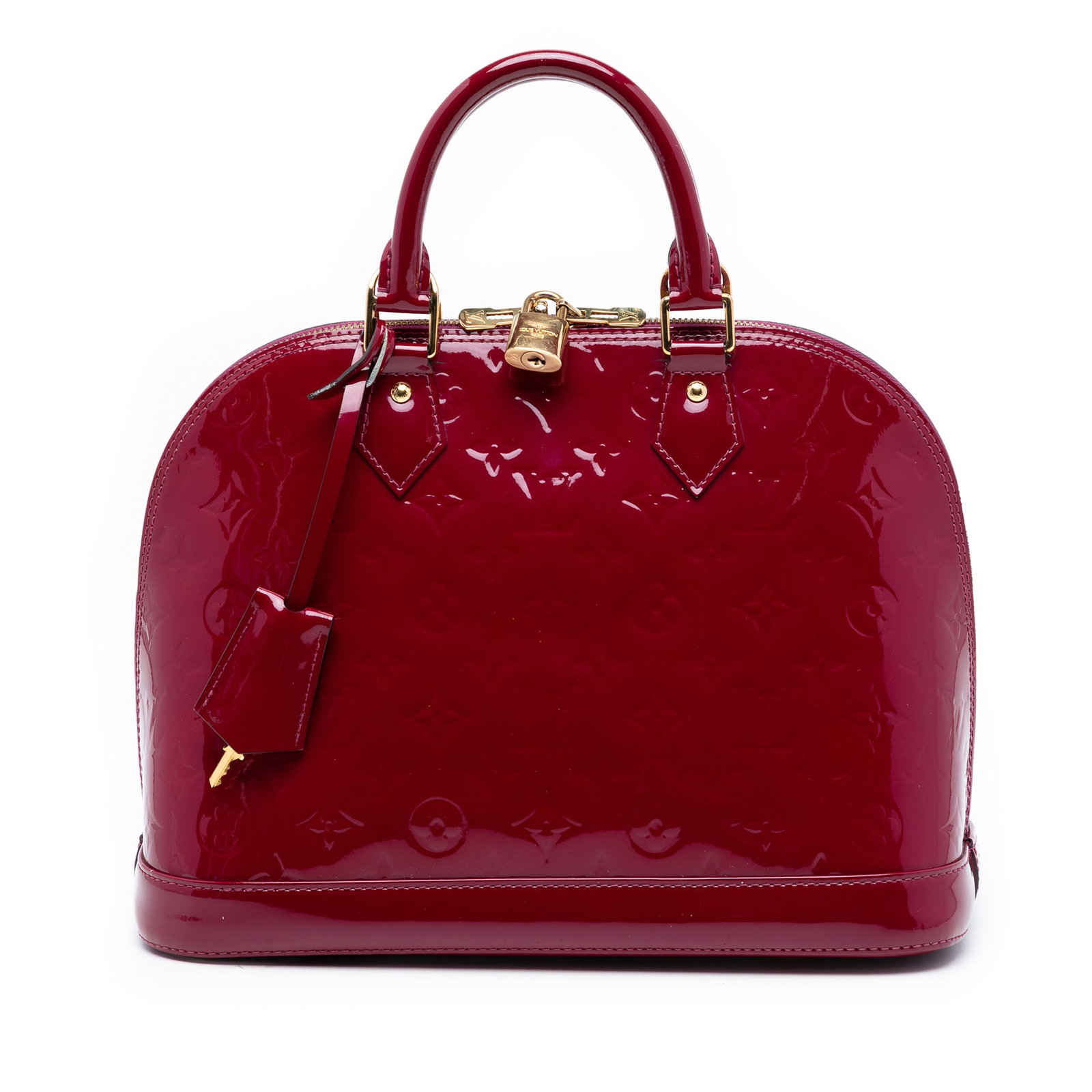 Red Monogram Vernis Alma PM Leather Handbag by Louis Vuitton: Red Monogram Vernis Alma PM Leather Handbag by Louis Vuitton This Louis Vuitton Monogram Vernis Alma PM handbag features a red monogram vernis leather exterior, rolled leather handles, a top zip closu