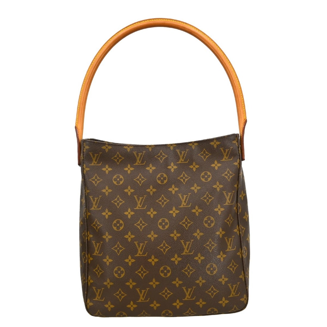 Louis Vuitton Looping GM Monogram Leather Shoulder Bag Brown M51145: Louis Vuitton Looping GM Monogram Leather Shoulder Bag Brown M51145 This Louis Vuitton Looping GM shoulder bag features the iconic monogram pattern on brown leather, complemented by beige leather hand