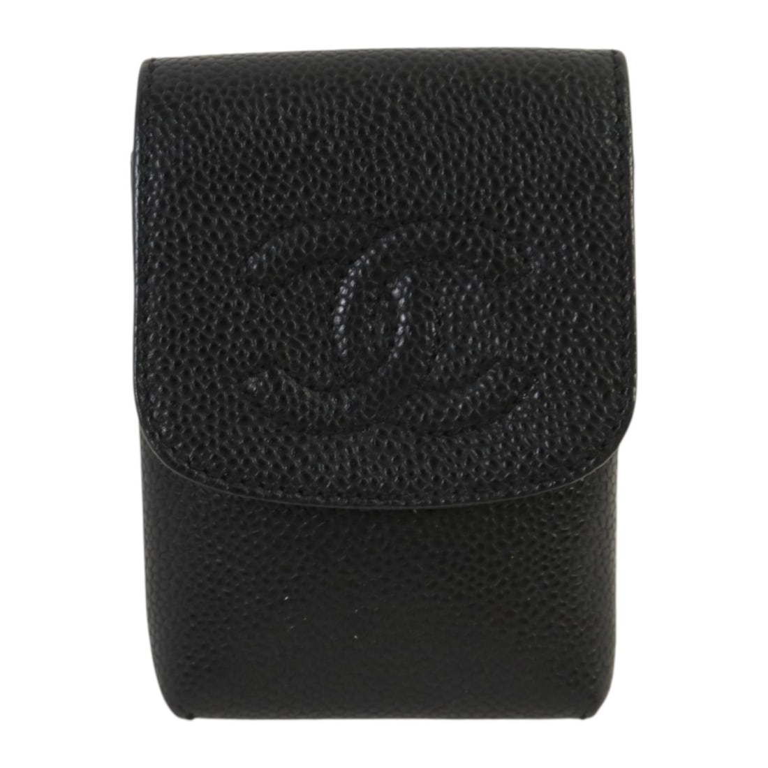 Chanel Black Calfskin Leather Cigarette Case with CC Gold Hardware Logo: Chanel Black Calfskin Leather Cigarette Case with CC Gold Hardware Logo This CHANEL CC GHW Coco Mark Logo cigarette pouch is crafted from black calfskin leather, featuring the iconic CC logo. Designed