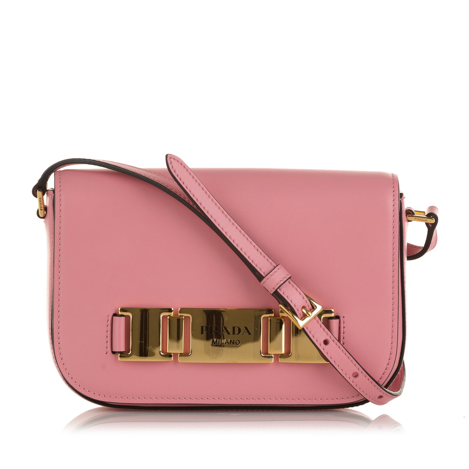Prada Glace Calf Studded Crossbody Bag Pink Leather: Prada Glace Calf Studded Crossbody Bag Pink Leather The Prada Glace Calf Etiquette Crossbody bag exudes elegance and practicality. Crafted from high-quality leather, this stylish crossbody features a 