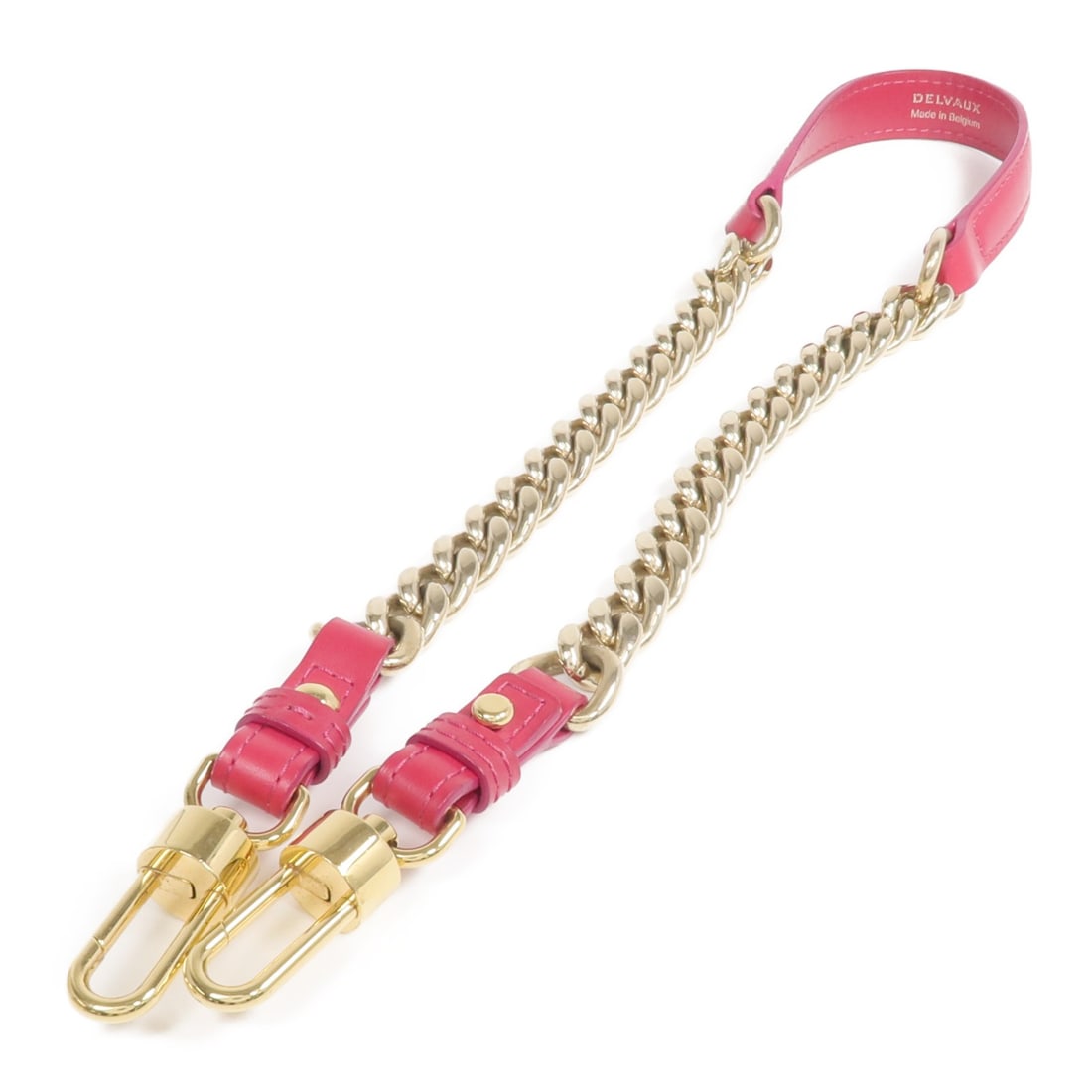 Red Calfskin Shoulder Strap by Delvaux with Gold Tone Hardware: Red Calfskin Shoulder Strap by Delvaux with Gold Tone Hardware This Delvaux shoulder strap is crafted from red calfskin leather, offering both durability and a refined appearance. It features gold-ton