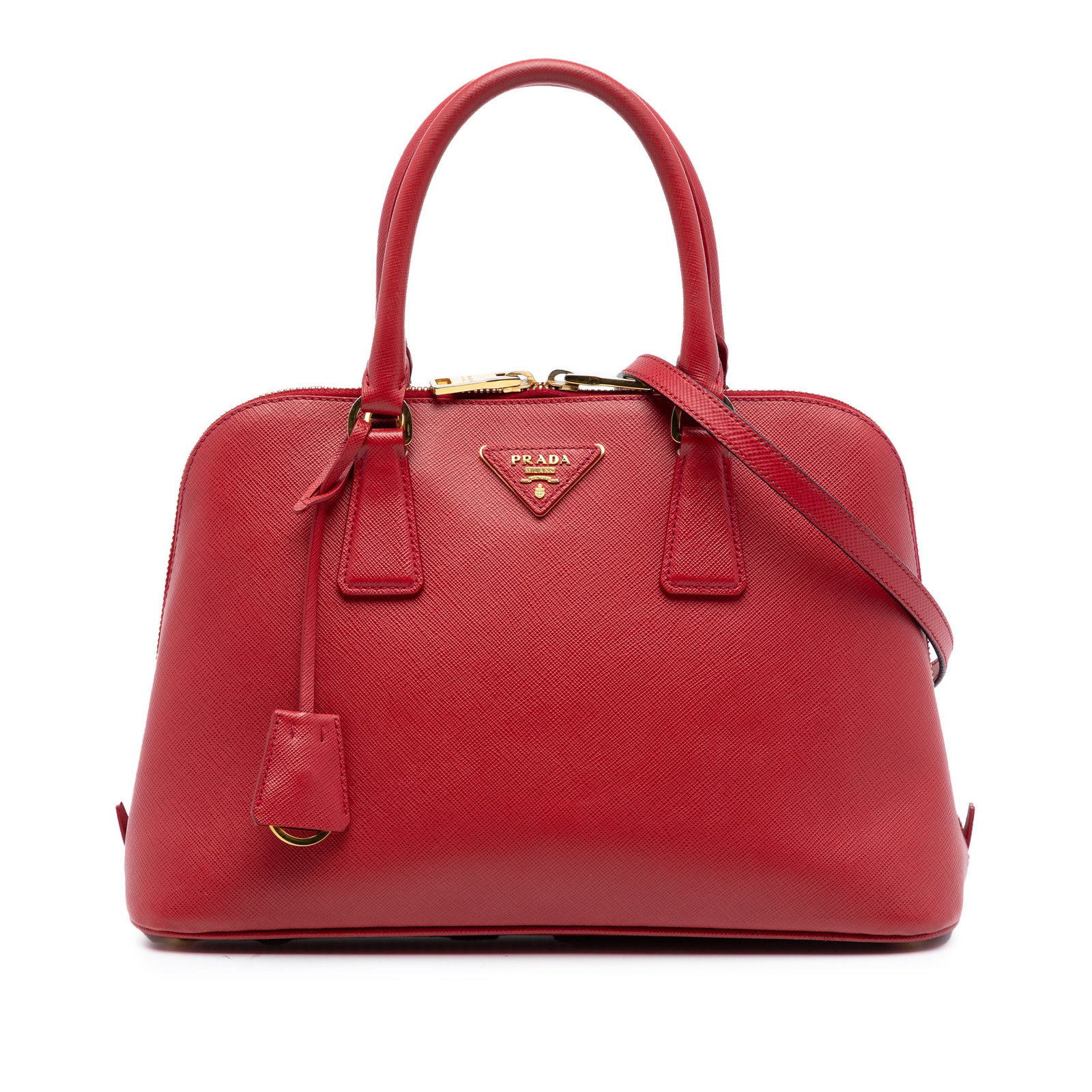 Red Leather Medium Promenade Satchel by Prada Saffiano Lux Collection: Red Leather Medium Promenade Satchel by Prada Saffiano Lux Collection This Prada Medium Saffiano Lux Promenade Satchel features a red leather body with rolled leather handles and a detachable flat lea