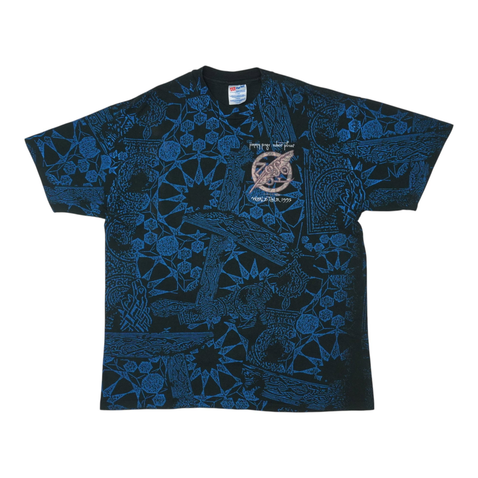 Vintage 1995 Page and Plant Tour Shirt Black Cotton XL All Over Print: Vintage 1995 Page and Plant Tour Shirt Black Cotton XL All Over Print This is an original vintage 1995 Jimmy Page Robert Plant all over print tour shirt featuring graphics on both the front and back. 