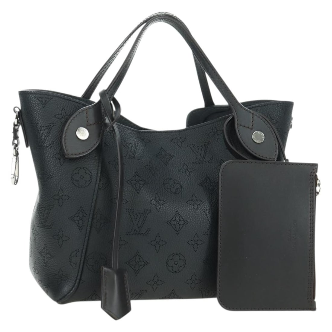 Louis Vuitton Mahina Hina PM black leather tote M54350 with pouch: Louis Vuitton Mahina Hina PM black leather tote M54350 with pouch This Louis Vuitton Monogram Mahina Hina PM tote bag is crafted from black leather and features a compact, structured silhouette. Desig