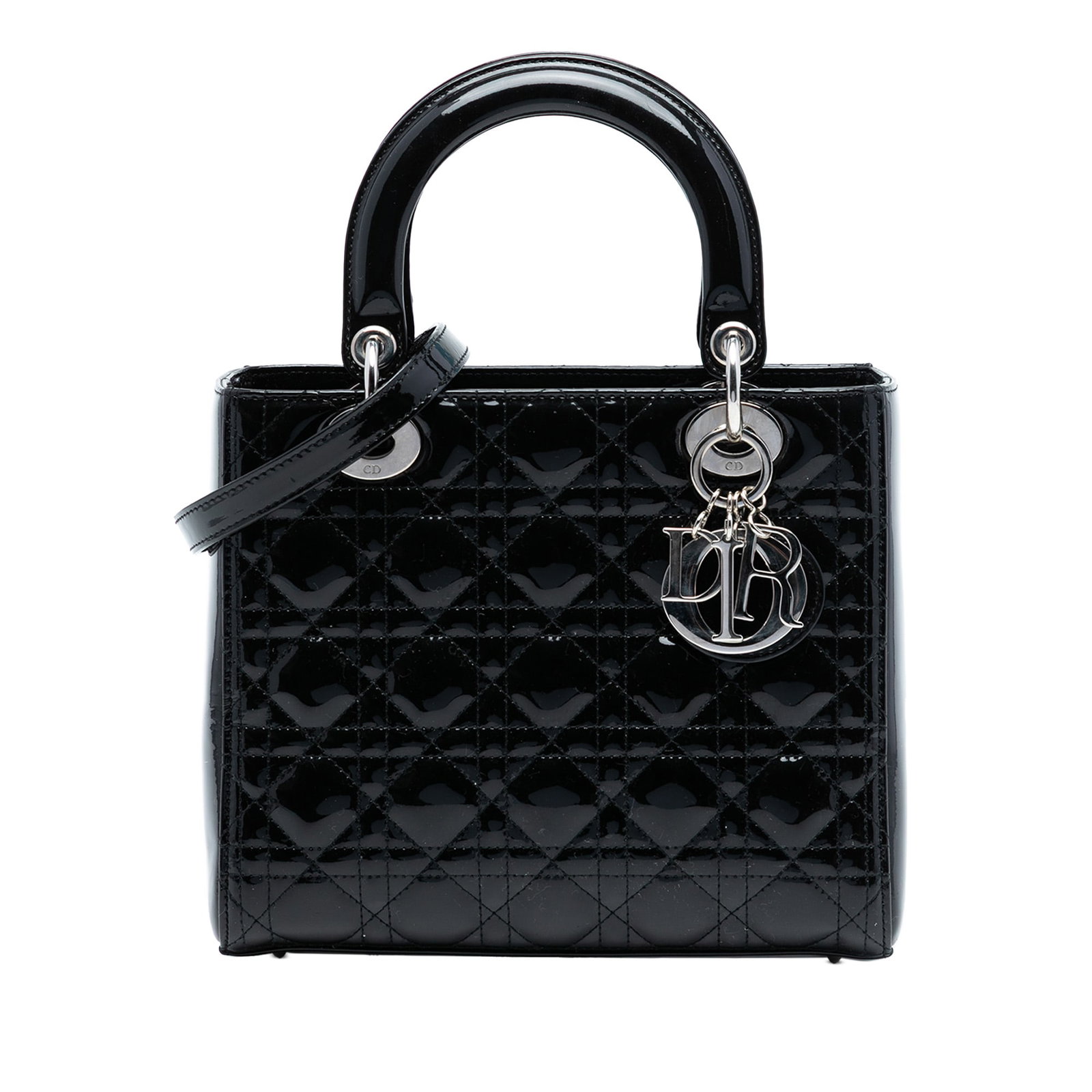 Dior Lady Dior Medium Black Patent Cannage Leather Shoulder Bag: Dior Lady Dior Medium Black Patent Cannage Leather Shoulder Bag This Medium Patent Cannage Lady Dior bag features a quilted black patent leather body with flat leather top handles and a detachable fla