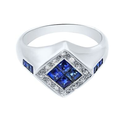 Rachel Koen sapphire diamond halo ring 14k white gold size 7: Rachel Koen sapphire diamond halo ring 14k white gold size 7 This elegant ring features four princess-cut blue sapphires at the center, accented by three smaller sapphires on each side of the shank. T