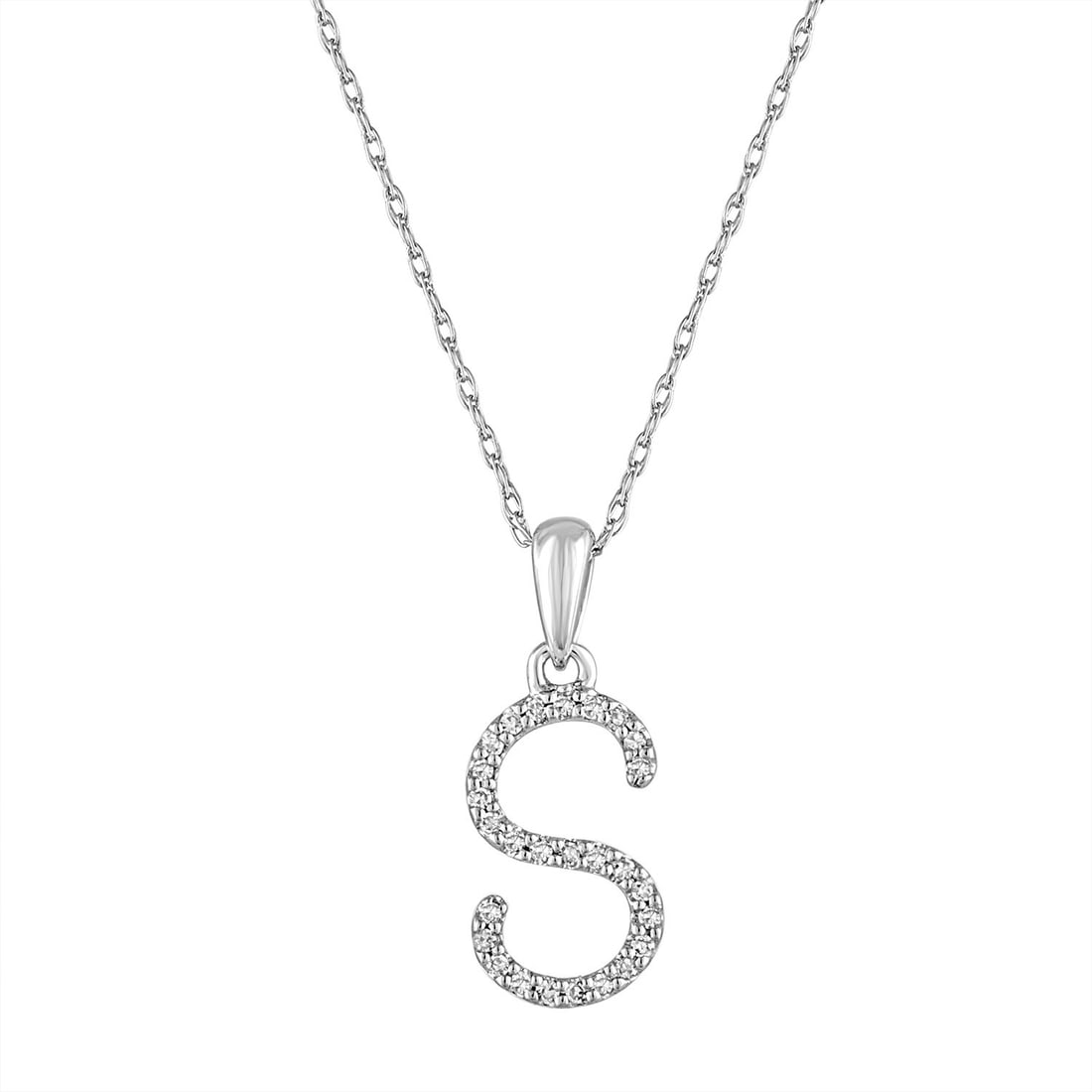 Diamond S Initial Pendant Necklace in 14k White Gold: Diamond S Initial Pendant Necklace in 14k White Gold This women's necklace features a round pendant crafted from 14k white gold, adorned with diamonds forming the initial 'S'. The necklace has a total