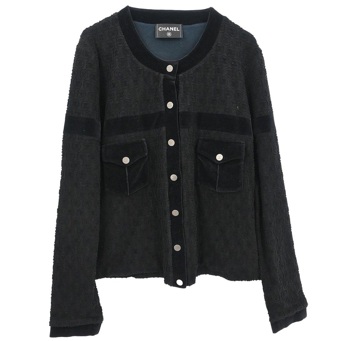 Black Cotton Blend Round Neck Cardigan by Chanel One Size: Black Cotton Blend Round Neck Cardigan by Chanel One Size This Chanel cardigan is crafted from a blend of 82% cotton, 14% nylon, and 4% spandex, offering both comfort and flexibility. Featuring a roun