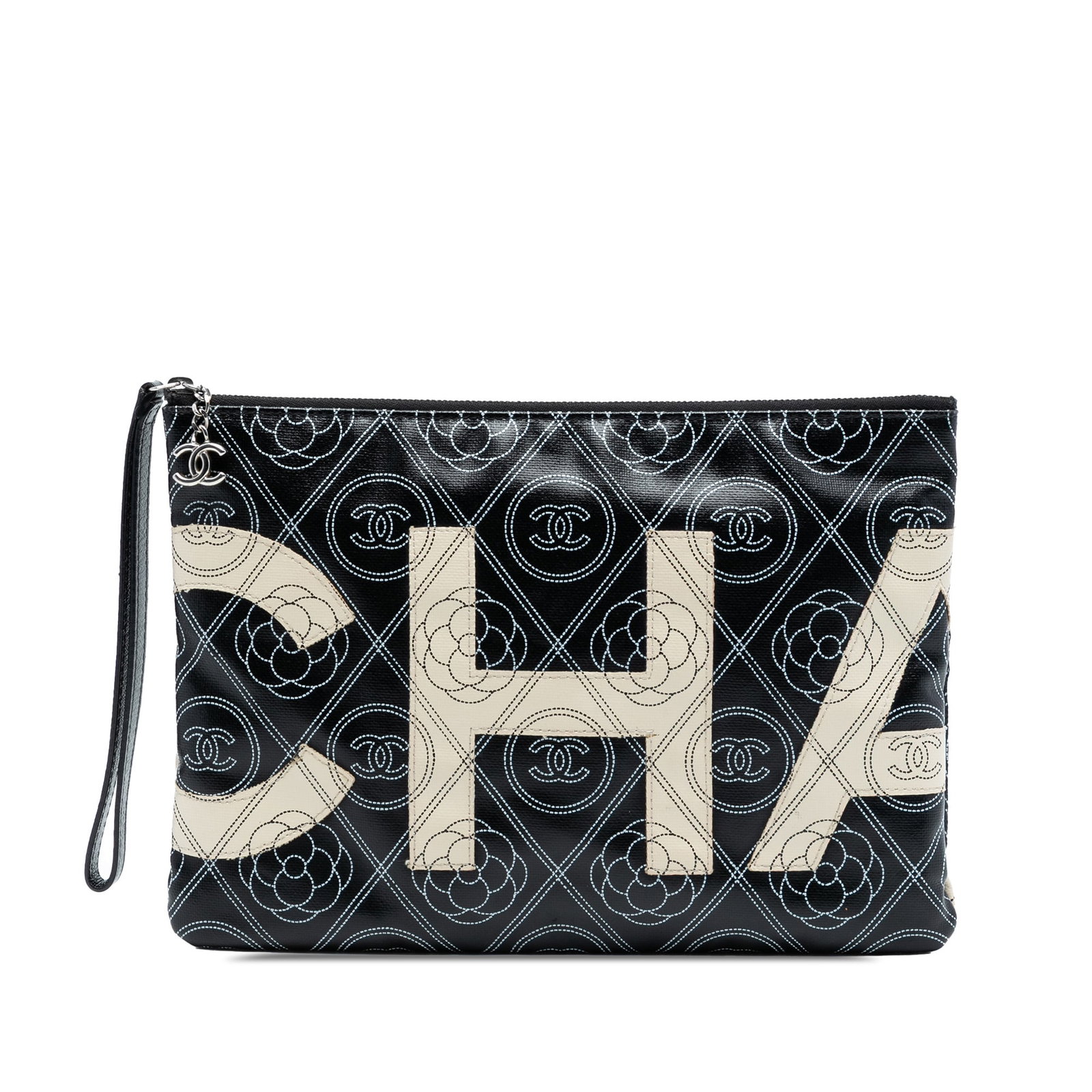 Black Camellia Logo Wristlet by Chanel in Coated Canvas: Black Camellia Logo Wristlet by Chanel in Coated Canvas This Chanel Camellia Logo wristlet clutch features a coated canvas body in black, a flat wrist strap, a top zip closure, and an interior zip poc