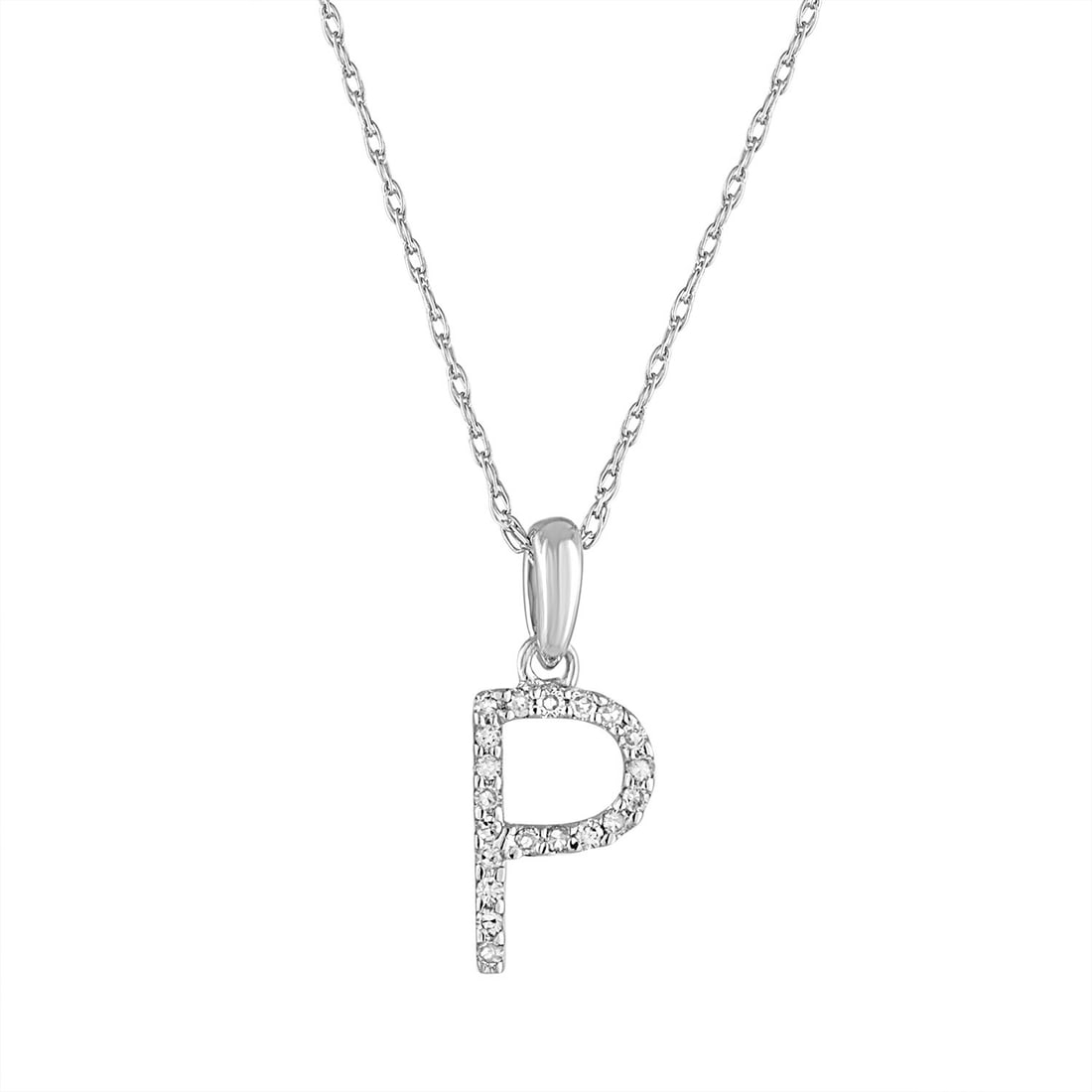 Diamond Letter P Necklace in 14k White Gold: Diamond Letter P Necklace in 14k White Gold This 14k white gold necklace features a round pendant adorned with white diamonds forming the initial 'P'. The diamonds have a total carat weight of 0.06 an