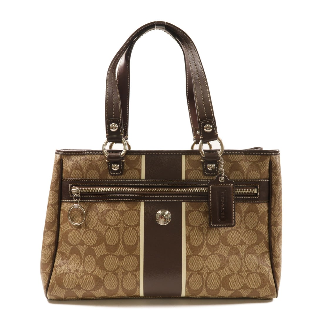 Coach Brown Coated Canvas Tote Bag Silver Hardware: Coach Brown Coated Canvas Tote Bag Silver Hardware This is a COACH tote bag crafted from brown PVC coated canvas. Designed for women, it features a spacious interior and a classic tote silhouette. The