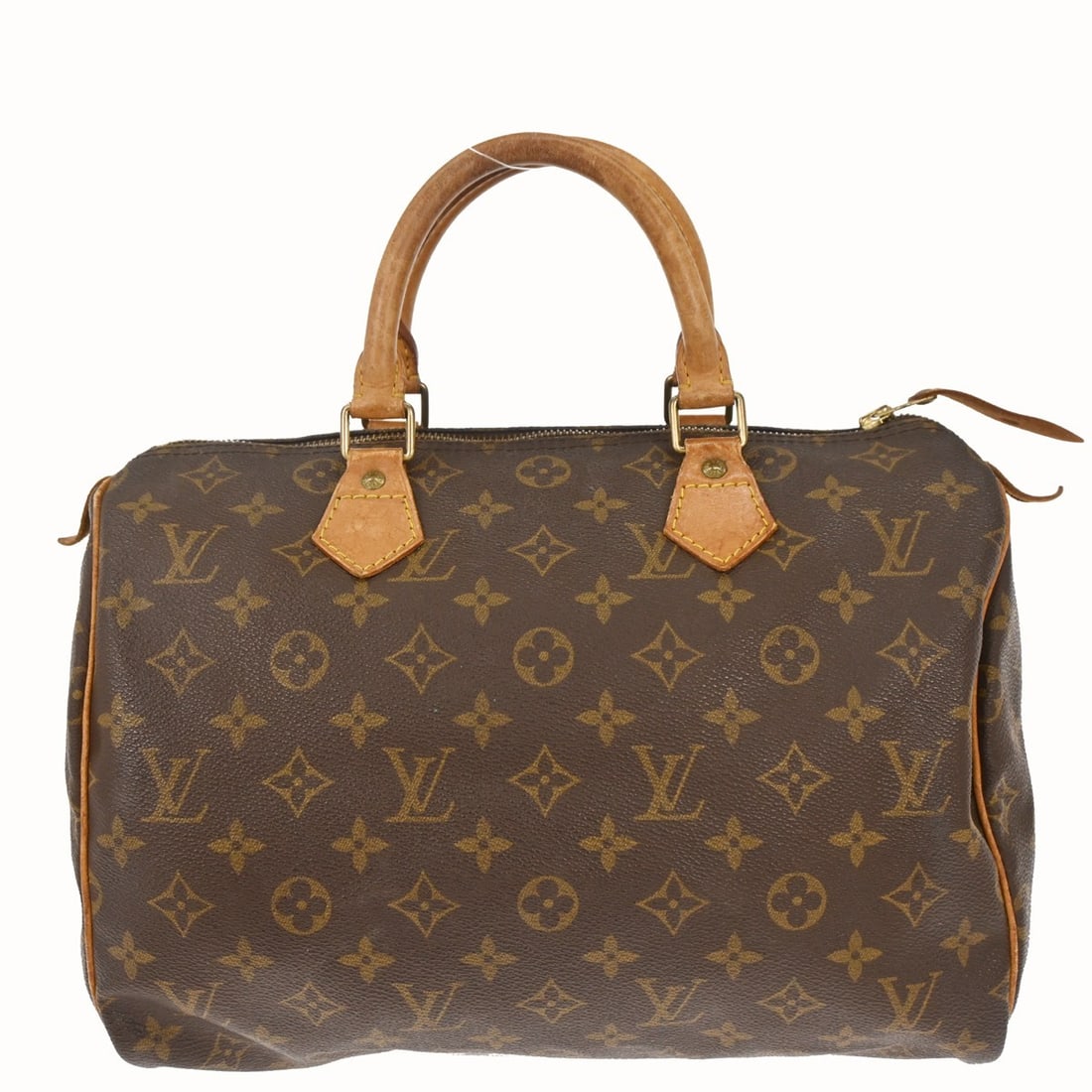 Louis Vuitton Speedy 30 Monogram Canvas Satchel Bag M41526 France: Louis Vuitton Speedy 30 Monogram Canvas Satchel Bag M41526 France This Louis Vuitton Speedy 30 handbag features the signature monogram canvas exterior with beige leather double handles and brown canva