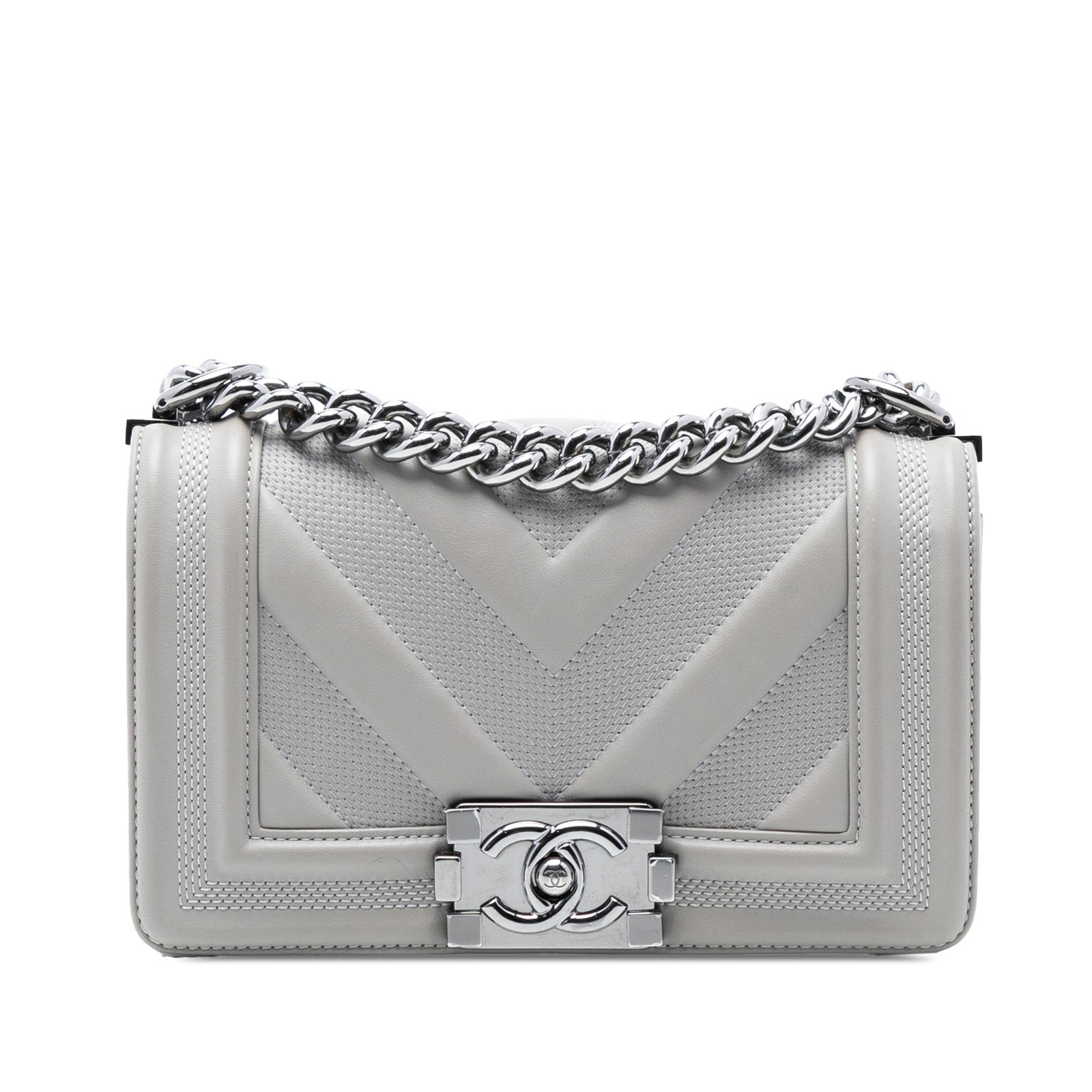 Gray Chanel Boy Flap Small Chevron Quilted Calfskin Shoulder Bag: Gray Chanel Boy Flap Small Chevron Quilted Calfskin Shoulder Bag This Chanel Small Chevron Stitched Calfskin Boy Flap Bag features a quilted leather body in gray, a flat leather strap with silver-tone