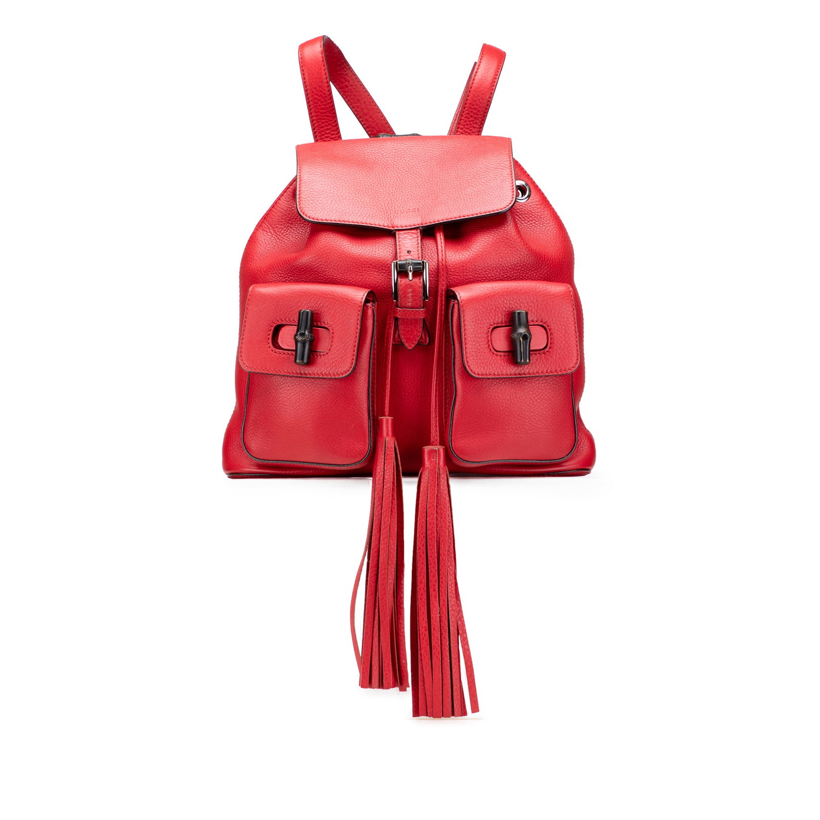 Gucci Red Leather Bamboo Tassel Backpack with Adjustable Straps: Gucci Red Leather Bamboo Tassel Backpack with Adjustable Straps This Gucci Leather Bamboo Tassel Backpack showcases a luxurious design with a leather body and a stylish bamboo top handle. It features 