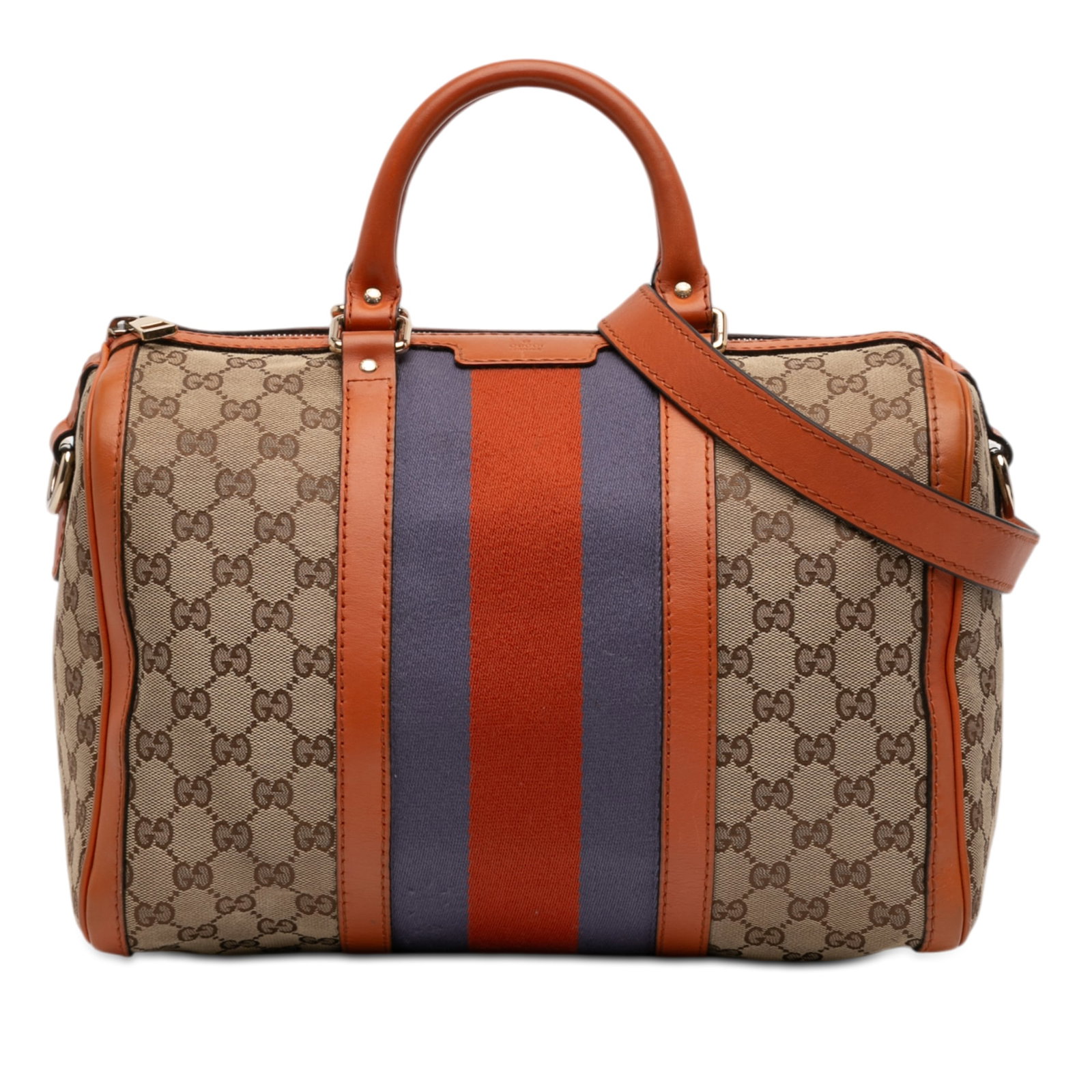Gucci Joy Boston Medium Beige Canvas Satchel with Web Stripe and Leather Trim (1 of 11)
