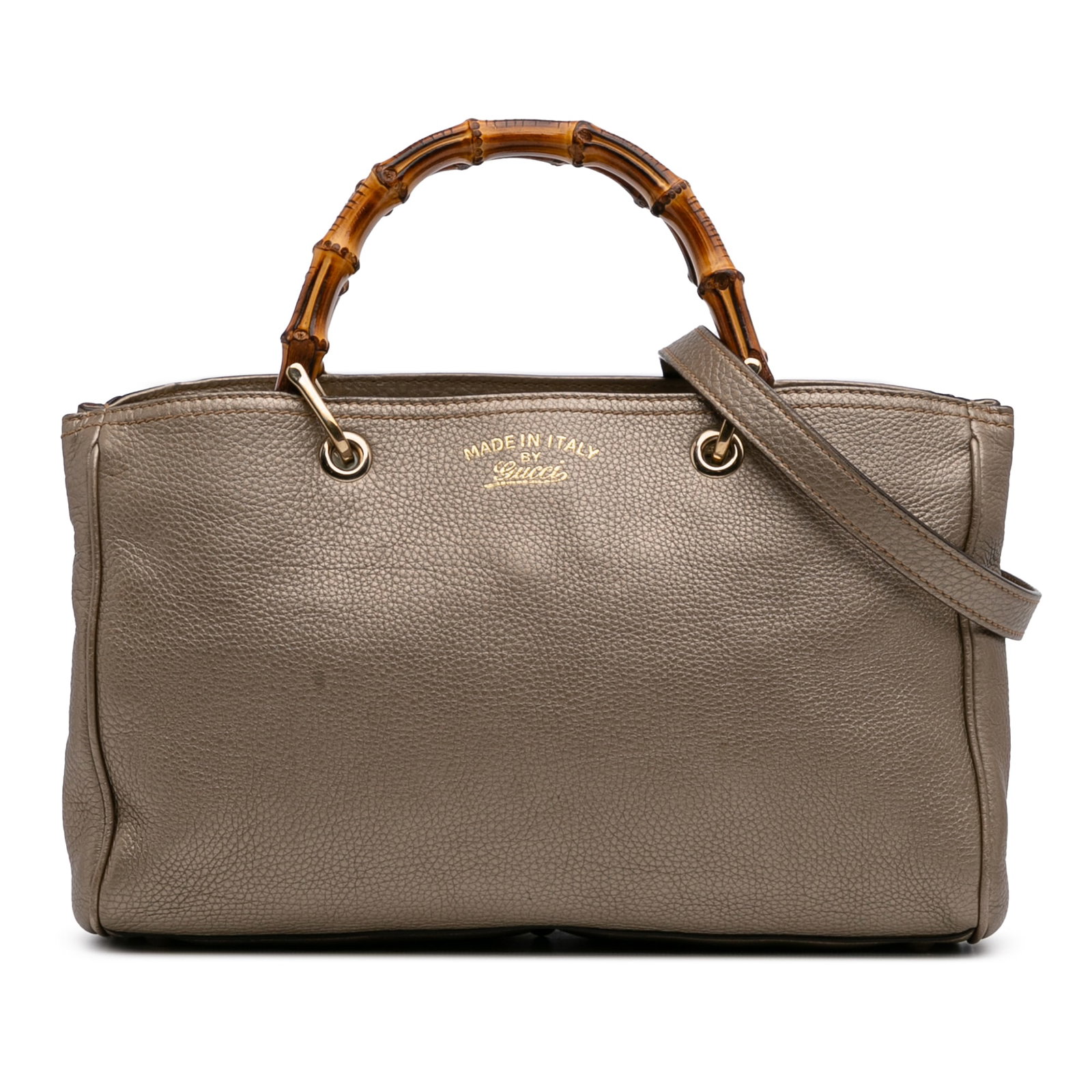 Gucci Medium Calfskin Bamboo Shopper Satchel Gold Leather Bag: Gucci Medium Calfskin Bamboo Shopper Satchel Gold Leather Bag Introducing the Gucci Medium Calfskin Bamboo Shopper Satchel, a stunning blend of luxury and practicality. This exquisite bag features a d
