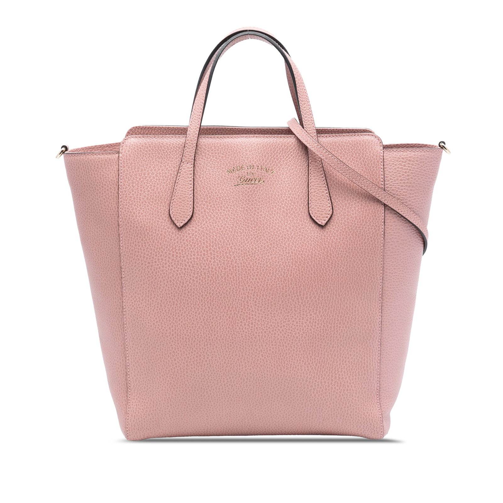 Pink Leather Satchel with Convertible Strap Gucci Swing Tote: Pink Leather Satchel with Convertible Strap Gucci Swing Tote This Gucci Leather Swing Convertible Tote features a pink leather body, flat leather handles, and a detachable flat leather strap. The bag 