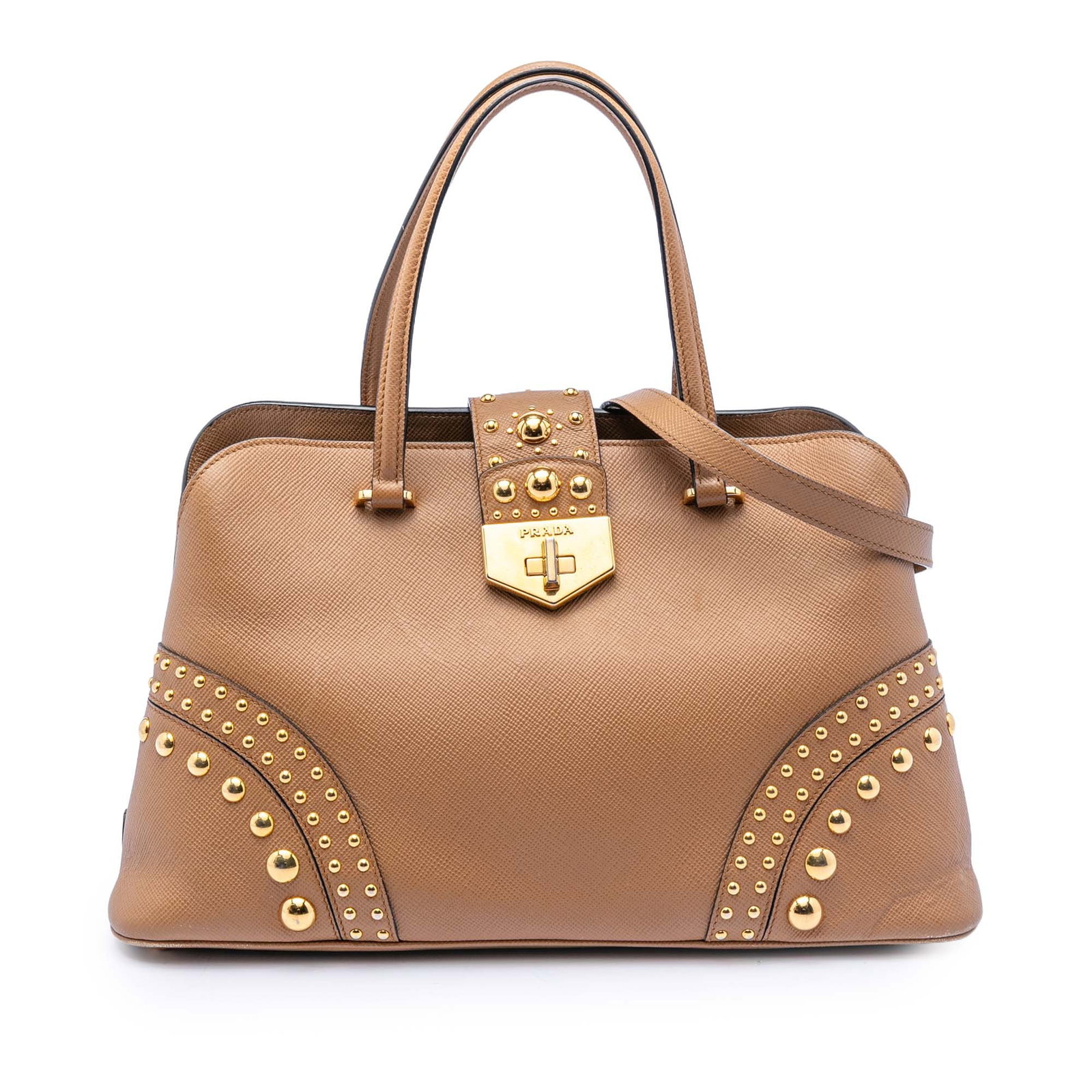 Brown Leather Prada Promenade Satchel with Studded Detailing and Strap: Brown Leather Prada Promenade Satchel with Studded Detailing and Strap This Prada Studded Saffiano Cuir Promenade Satchel features a brown saffiano leather body adorned with stud detailing, flat handl