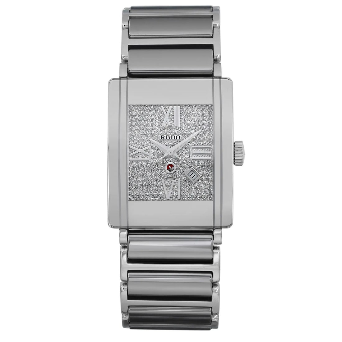 Rado Integral XL Automatic Watch Silver Diamond Dial Ceramic Steel: Rado Integral XL Automatic Watch Silver Diamond Dial Ceramic Steel Experience the elegance of the Rado Integral XL, a men's automatic wristwatch that combines sophisticated design with durable materia