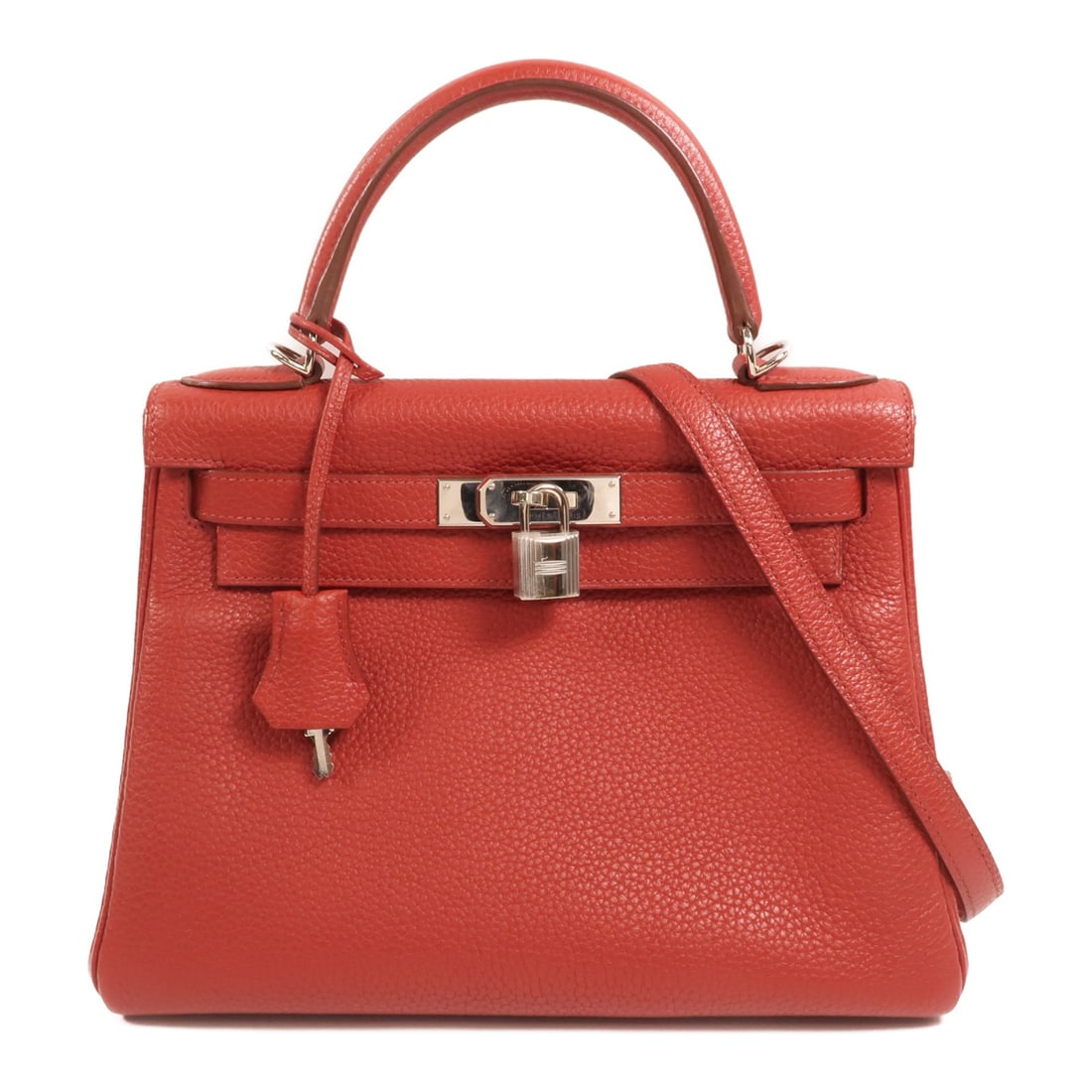 Hermes Kelly 28 Red Togo Leather Shoulder Bag with Palladium Hardware: Hermes Kelly 28 Red Togo Leather Shoulder Bag with Palladium Hardware This Hermes Kelly 28 is a 2-way shoulder bag crafted from Togo calfskin leather in Rouge Casaque red. Featuring polished palladium